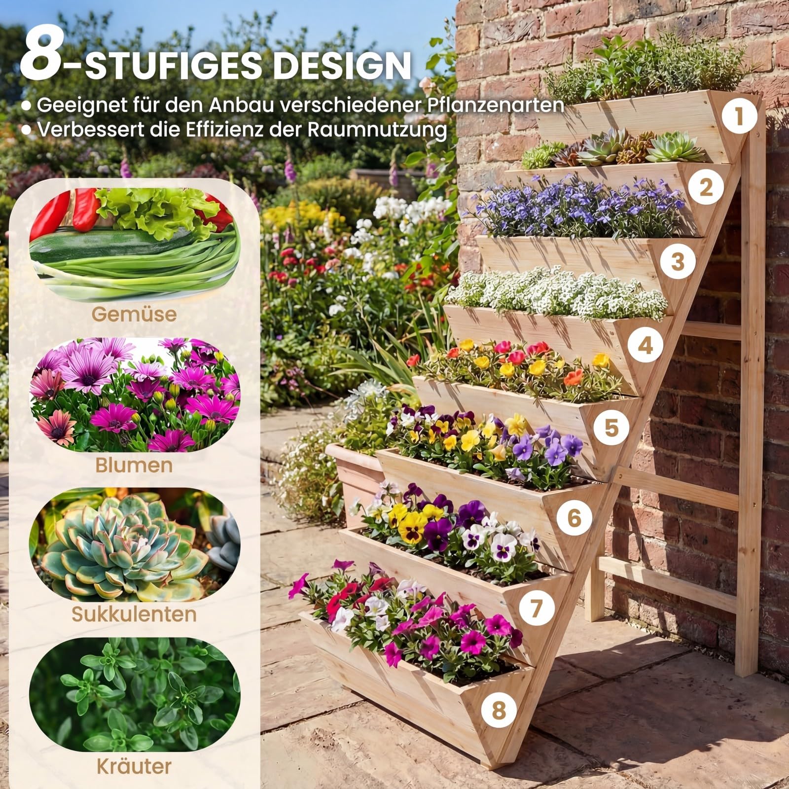 COSTWAY vertikales Hochbeet mit 8 Etagen, Blumenbeet aus Tannenholz, Vertikalbeet mit Pflanzkästen, Blumentreppe Gartenbeet Holz, Blumenkasten für Terrasse Balkon Garten (Natur)