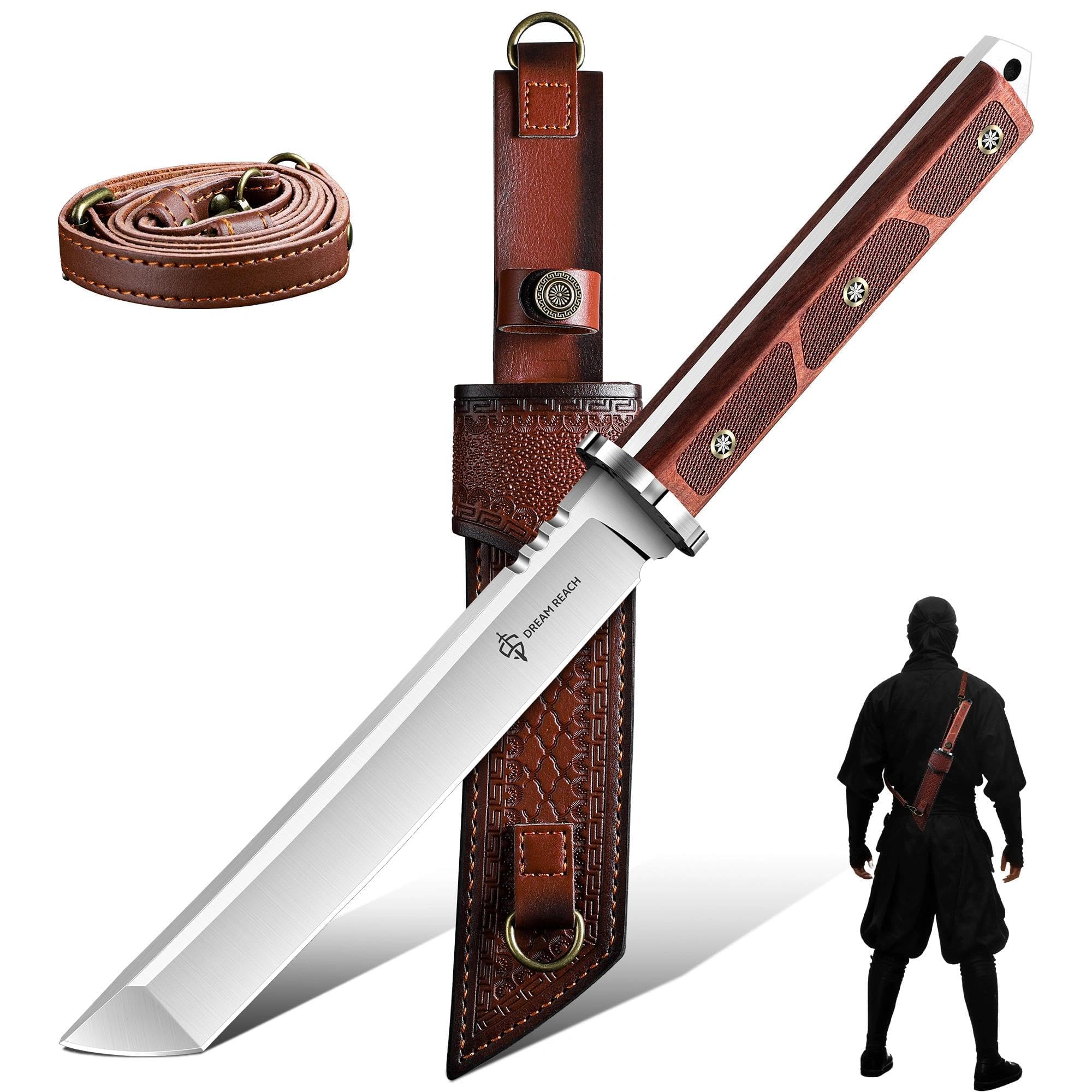 Dream Reach Japanese Tanto Knife, Fixed Blade Knife with Leather Sheath for Back, Survival Knives with Wood Handle, Samurai Knives for Camping Outdoor, Collection Gift for Men
