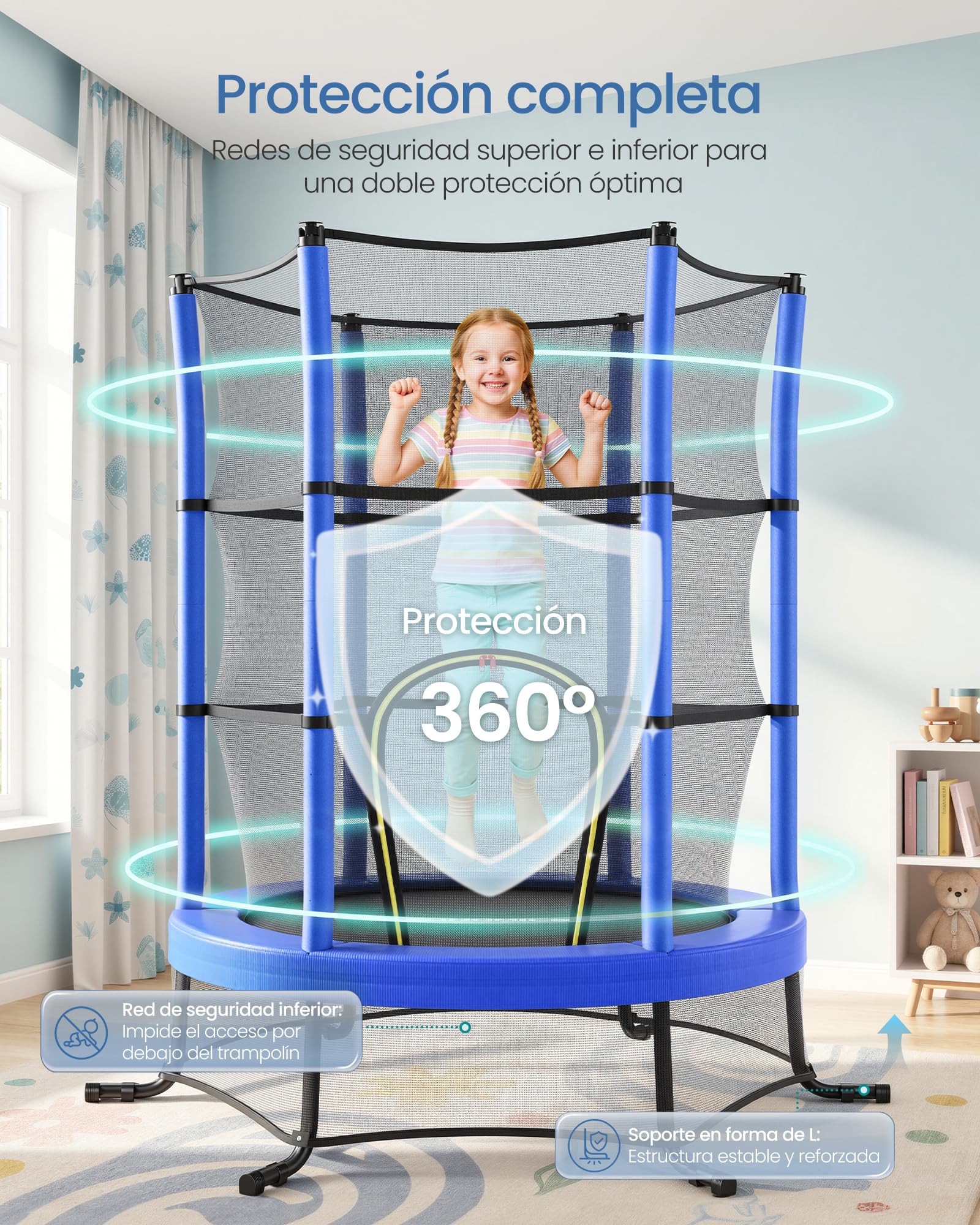 SONGMICS Cama Elástica Infantil, 174 cm de Diámetro, con Redes de Seguridad, Almohadillas de Seguridad, Mini Cama de Fitness, Marco de Acero, Uso Interiore