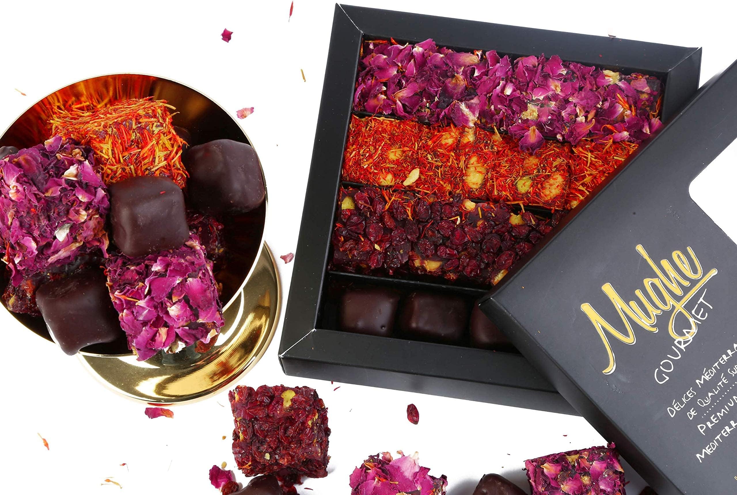 Luxury Turkish Delight Assorted 360g/13Oz- 4 Varieties: Dark Chocolate, Rose, Saffron, Zereshk with Pomegranate Flavor - Prestigious Lokum Gift Box - Perfect for Special Days