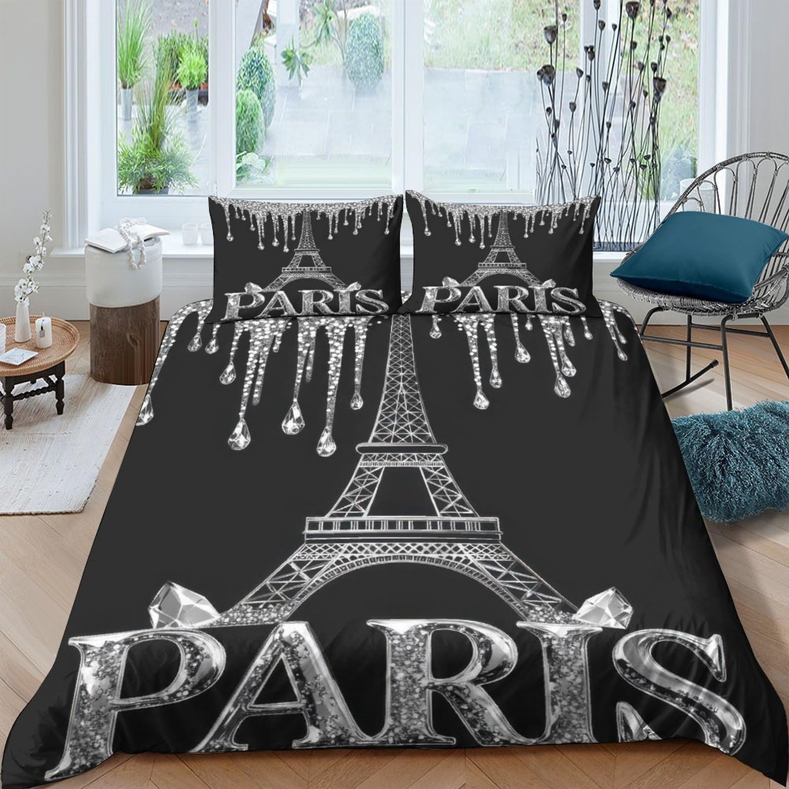GPLZQXKJNH 3D Printed Eiffel Tower Paris Duvet Cover Microfiber Soft Black Bedding Set with 2 Pillowcases for Bedroom Decor Single（135x200cm）