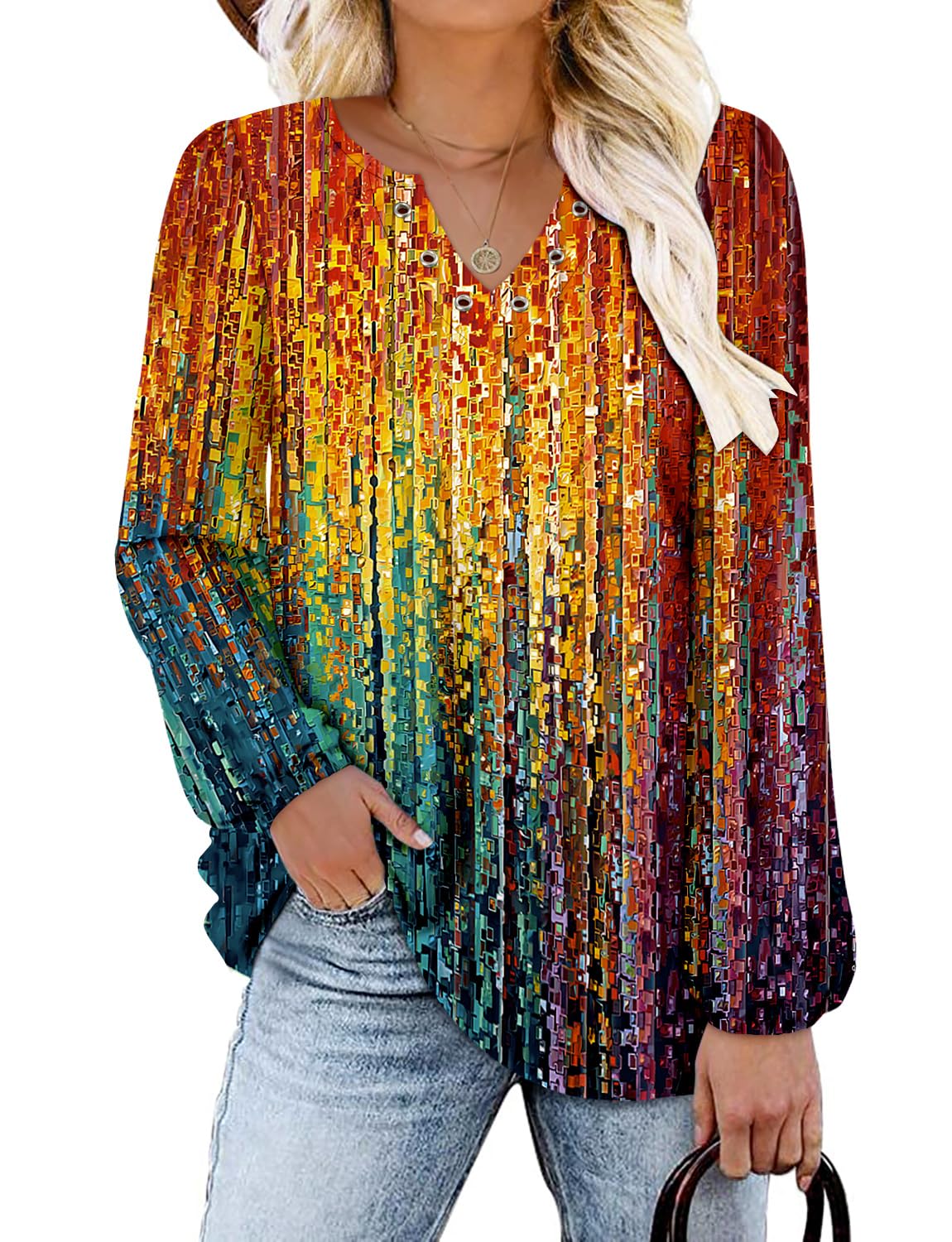 onlypuff V Neck Tops for Women Long Sleeve Shirts Loose Fit Tunic Top Cute Ladies Blouse Fall Fashion Tops