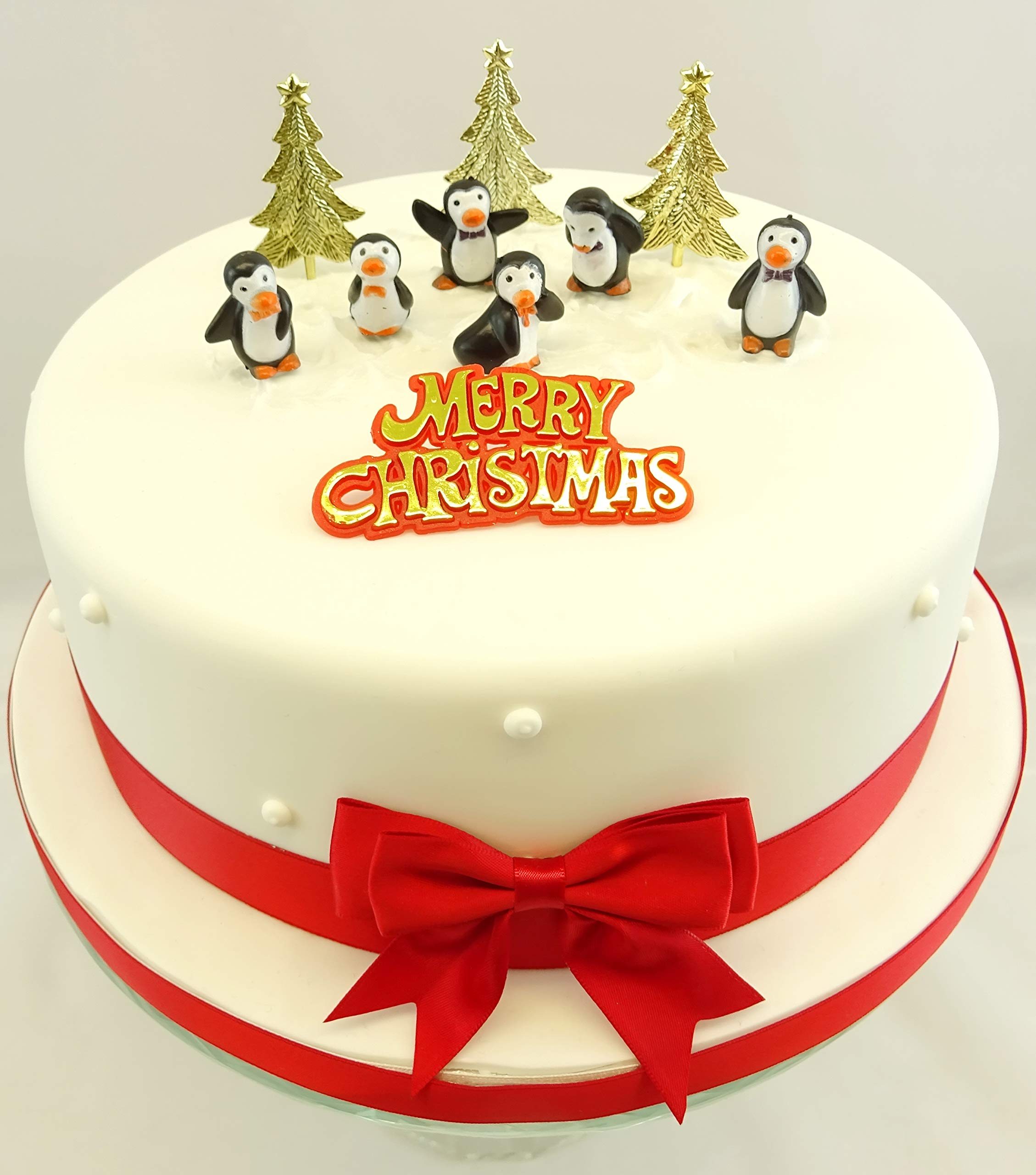 Christmas Cake Topper Ornaments 6 Fun Penguins Gold Trees Motto & Red Ribbon & Bow Set