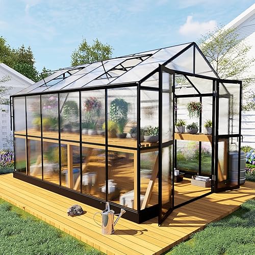 HOWE Invernadero de policarbonato de 8 x 12 x 7.5 pies, 4 rejillas de ventilación, altura de pared añadida de 5.2 pies, invernadero grande de