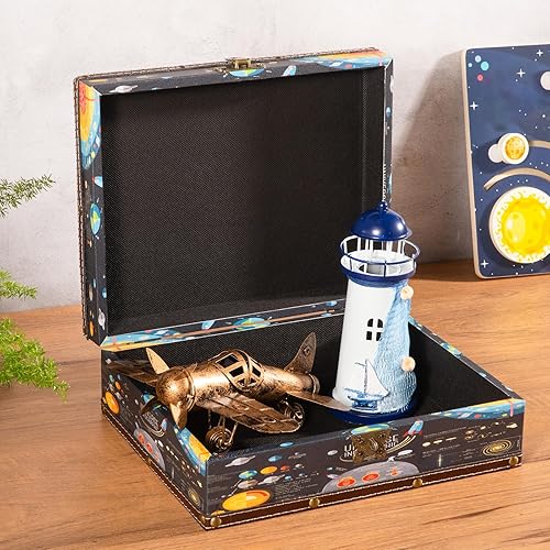 Miniatura 4 de Cofre del tesoro de madera y cuero con tapa y cerradura, pequeña caja de almacenamiento decorativa de madera para guardar recuerdos de cumpleaños,