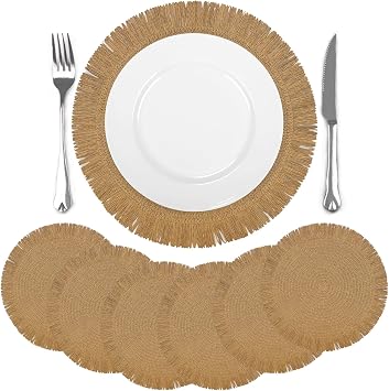 comfoyar Round Braided Placemats Set of 6, 38cm Non-Slip Paper Woven Place Mats with Long Tassel, Rustic Table Mats for Home Kitchen Dining Party Restaurant Farmhouse Decoration, Brown