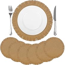 comfoyar Brown Round Braided Placemats Set of 6, 15x15 Inch Non-Slip Paper Woven Fabric Place Mats with Long Tassel, Heat Resistant Table Mats for Indoor Kitchen Dining Party Table Decoration