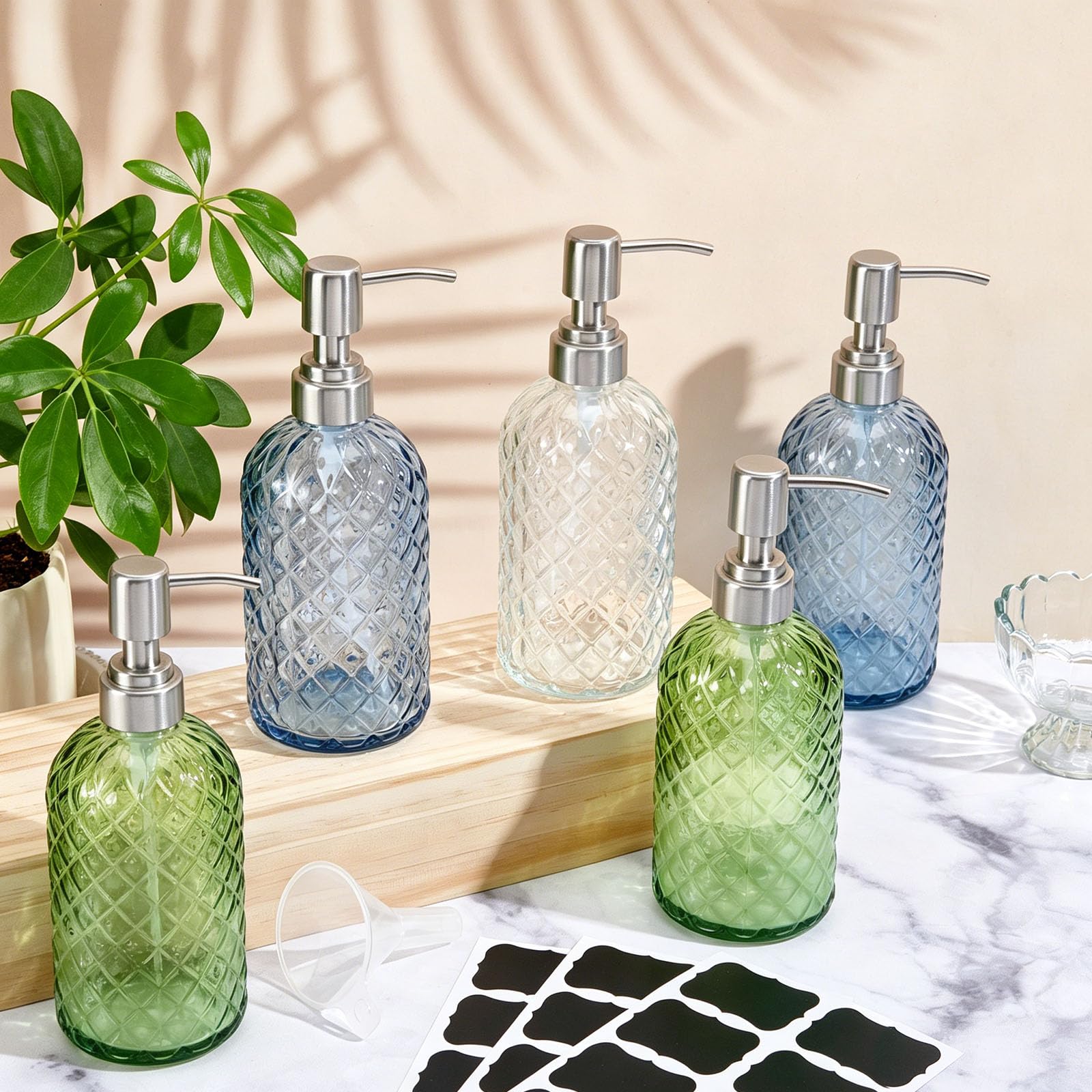6 unidades 500 ml dispensador de jabón de vidrio con patrón de diamante rellenable dispensador de jabón de vidrio con bomba de acero inoxidable para lociones líquidas adecuado para cocina y