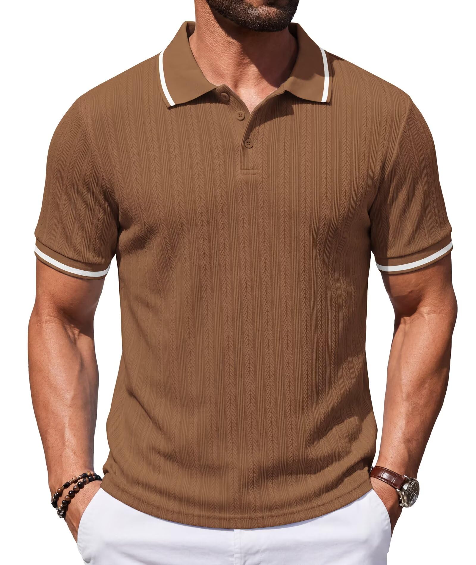Elainone Poloshirts Herren Kurzarm Freizeit Strick Golf Shirt Sommer Vintage Klassisches Polohemd mit Kontrastkragen