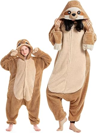 DarkCom Kid-Adult Animal Onesie Sloth Halloween Costume Christmas Pajamas | Unisex Boys and Girls Homewear,Parent-Child Sleepwear,Flannel Cosplay Onesie