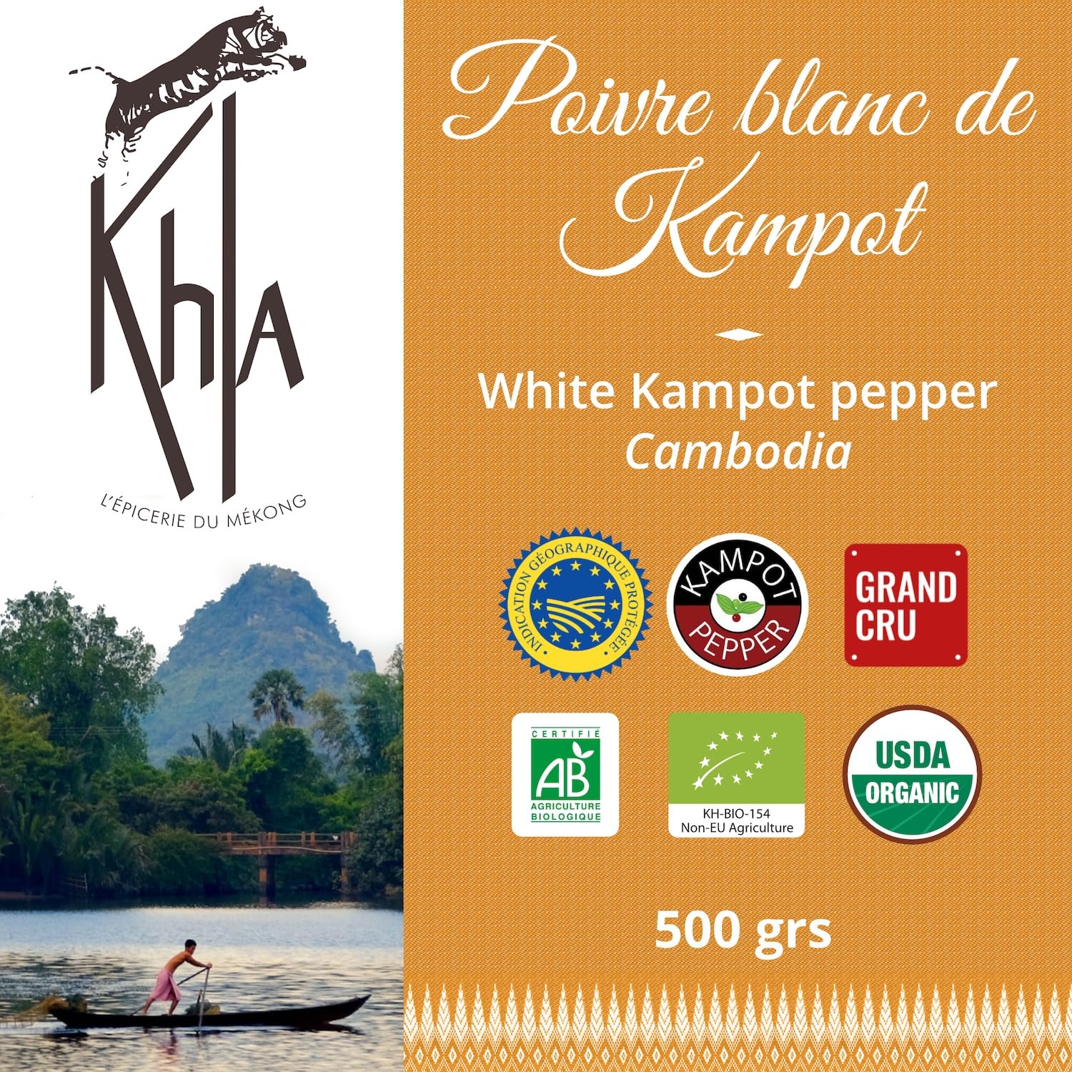 Khla - Poivre Blanc de Kampot Certifié Bio 500 g - Poivre en Grains Biologique - Grand Cru, Fort & Puissant - Ingrédient Cuisine - Direct Producteur - Production limitée - Origine Cambodge