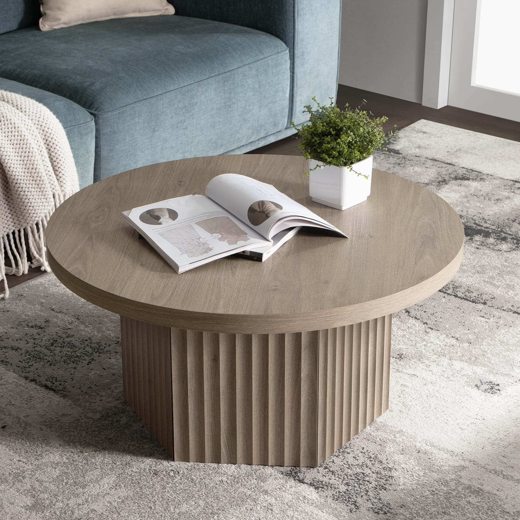 SICOTAS Round Coffee Table for Living Room Modern Fluted Circle Center Coffee Table with Storage 32 Accent Tea