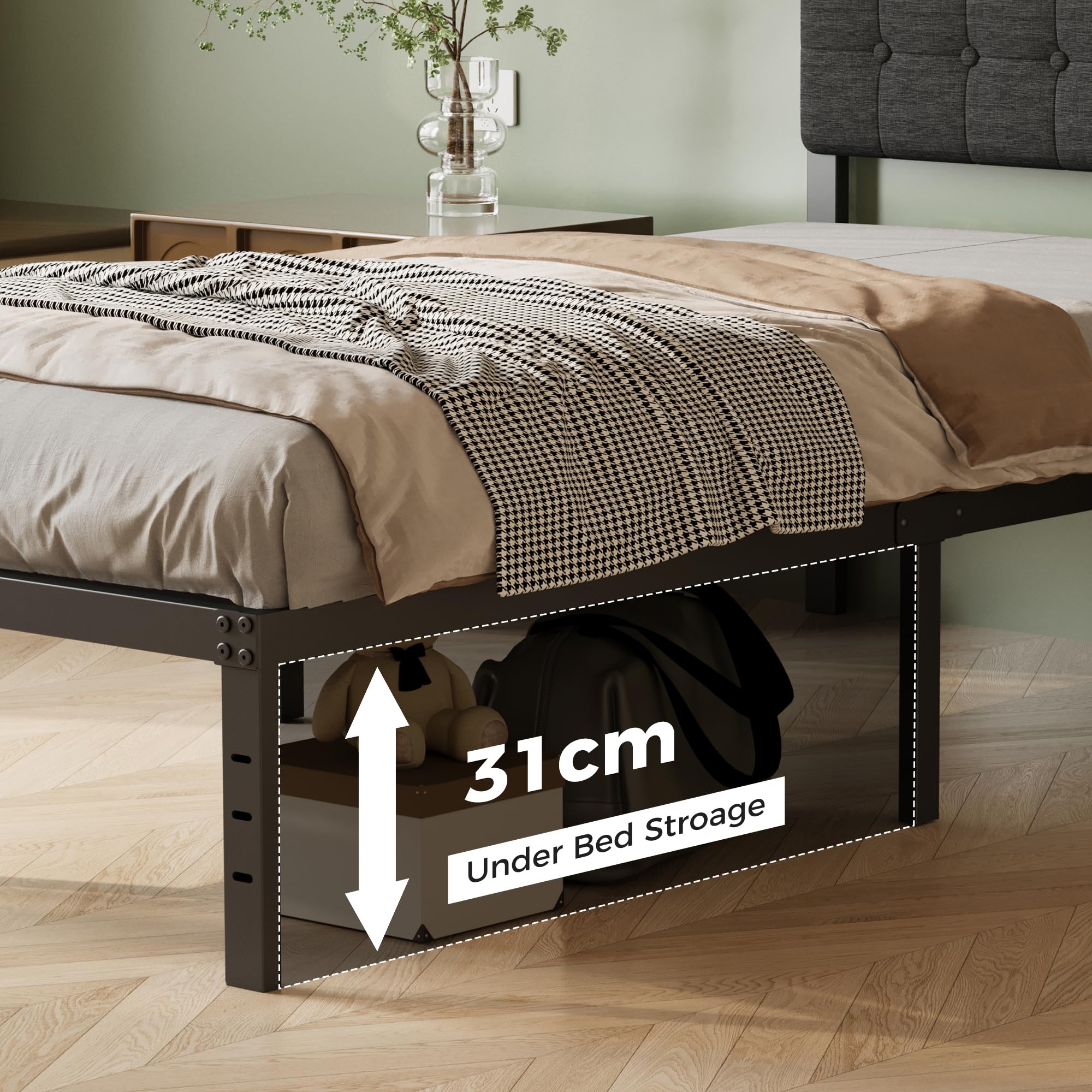 Lutown-Teen Cama 90 x 200 cm con Cabecero Tapizado Curvo, Somier 90x200 de Metal con Soporte de Lamas de Acero, Altura 36 cm, Almacenamiento Debajo de la Cama, Fácil Montaje, Libre de Ruidos, Negro