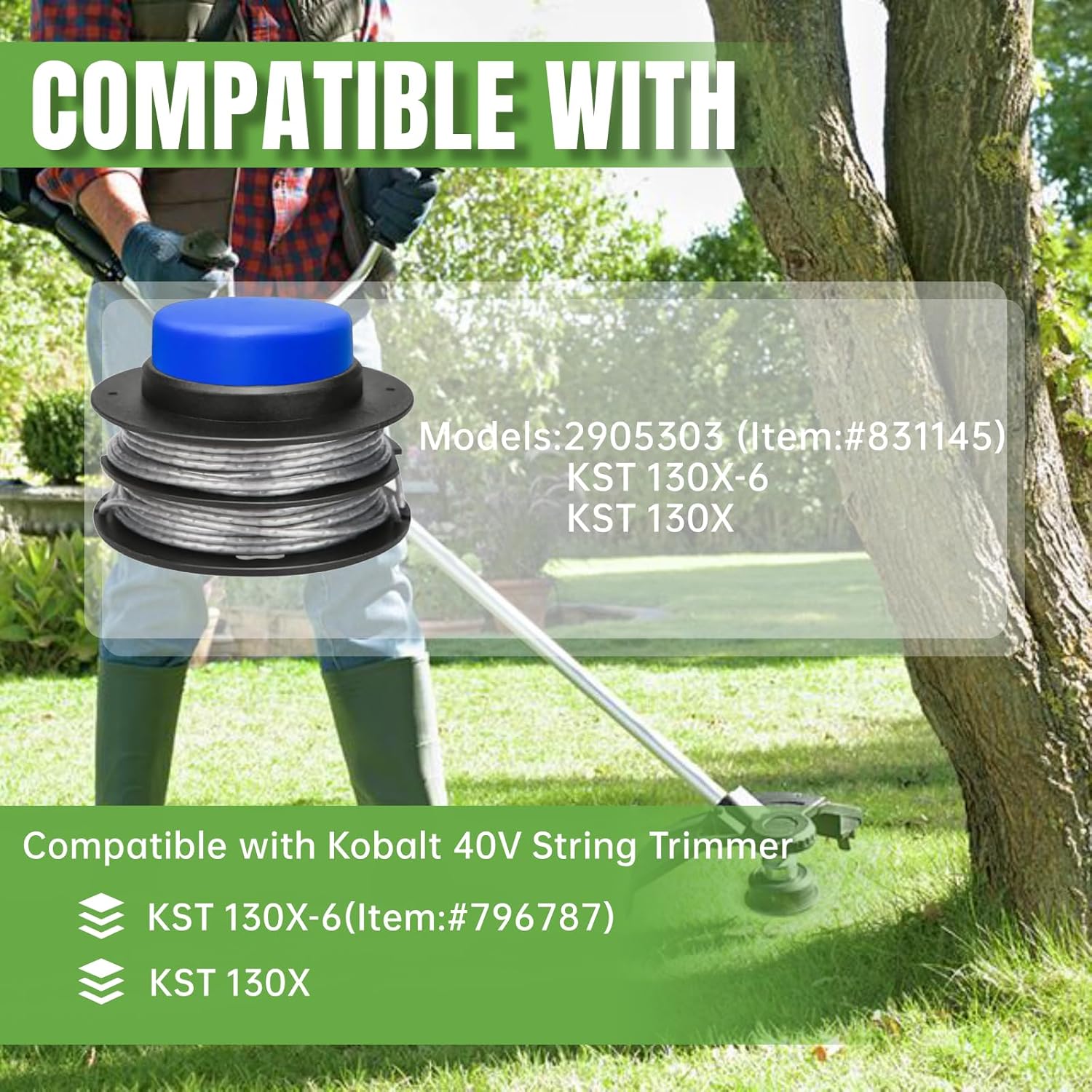 KST 130X-06 Replacement Trimmer Spool Line 0.080" 17Ft Compatible with Kobalt 40-Volt KST-130X String Trimmer Weed Eater,2905303 Dual Line Spool with Replacement Bump Knob (8 Pack)
