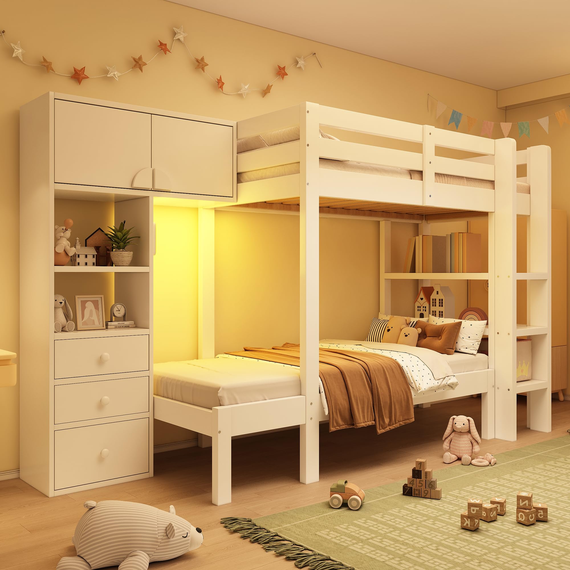 Letto a castello 90 x 200 cm per bambini e ragazzi, design sfalsato, armadio e scaffale, molto spazio nei cassetti, scala di sicurezza e protezione anticaduta, legno massello, bianco