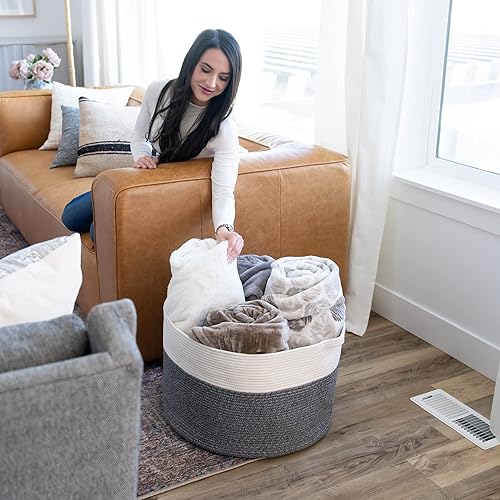 Miniatura 9 de Little Hippo Cesta grande de cuerda de algodón XXXL (22 x 14 pulgadas), 100% algodón natural! Cesta de cuerda, canasta de almacenamiento tejida,