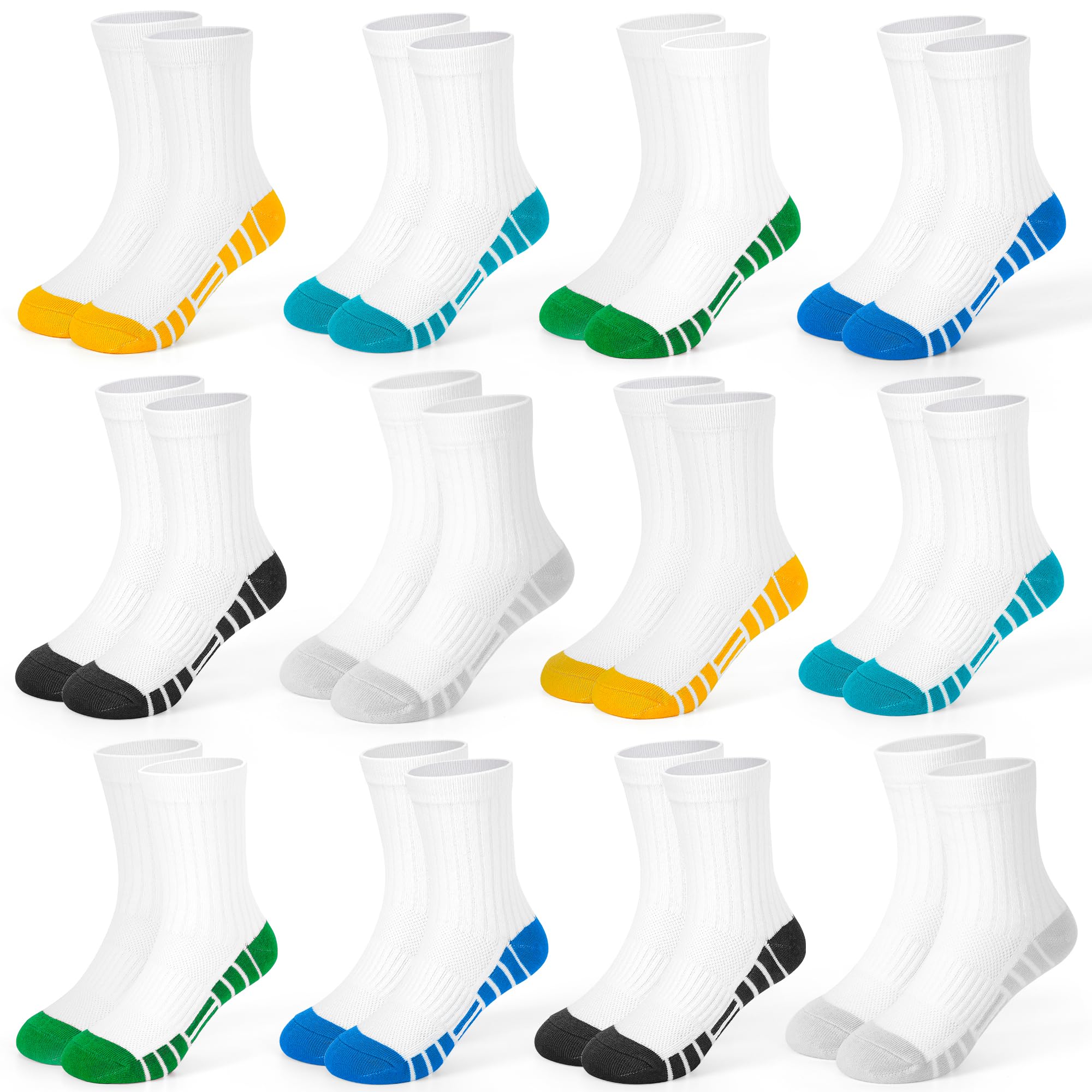 GENBATY - 12 paia di calzini sportivi per bambini, in cotone atletico, per bambini, per camminare, sneakerTrainer corsa, basket, scuola, equipaggio, bianco, nero, calzini morbidi per ragazzi 1-14 anni