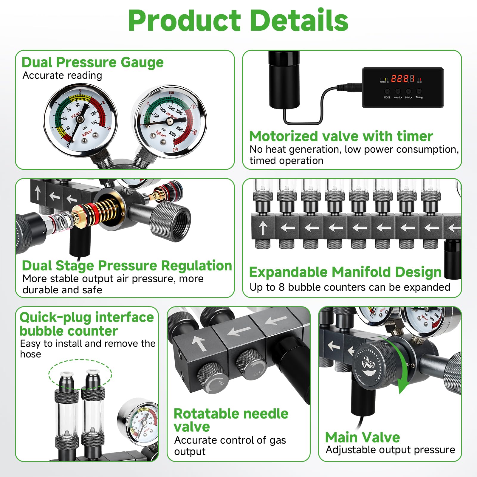 Regulador de CO2 mejorado para acuario con válvula motorizada, presión ajustable de doble etapa, expandible para dos tanques, incluye temporizador y contadores de burbujas para sistema de