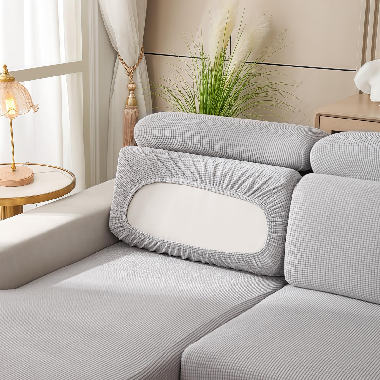 AMFUN Stretch Sofa Seat Cushion Cover, Non-Slip Couch Cushion Covers with 2 Straps,Caravan Seat Cover Stretch,Replacement for Individual Cushion Furniture Protector(Beige, W 45-65 cm, D 45-65 cm)