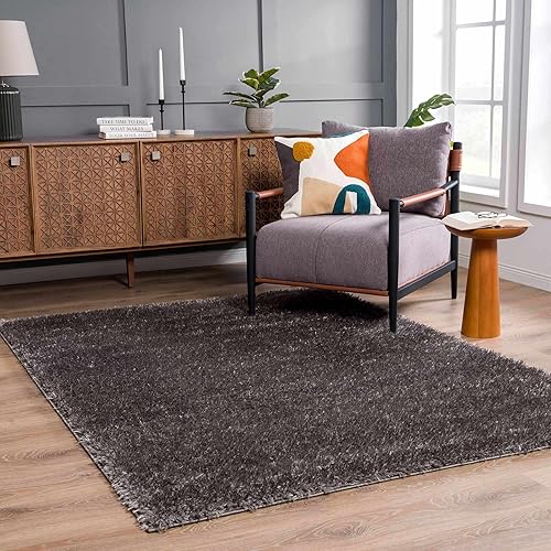 Hauteloom Faina Machine Washable Solid Shag Rug - Plain Living Room Bedroom Shaggy Area Rug - Fluffy Plush High Pile Carpet - Dark Grey Gray - 67 x 9