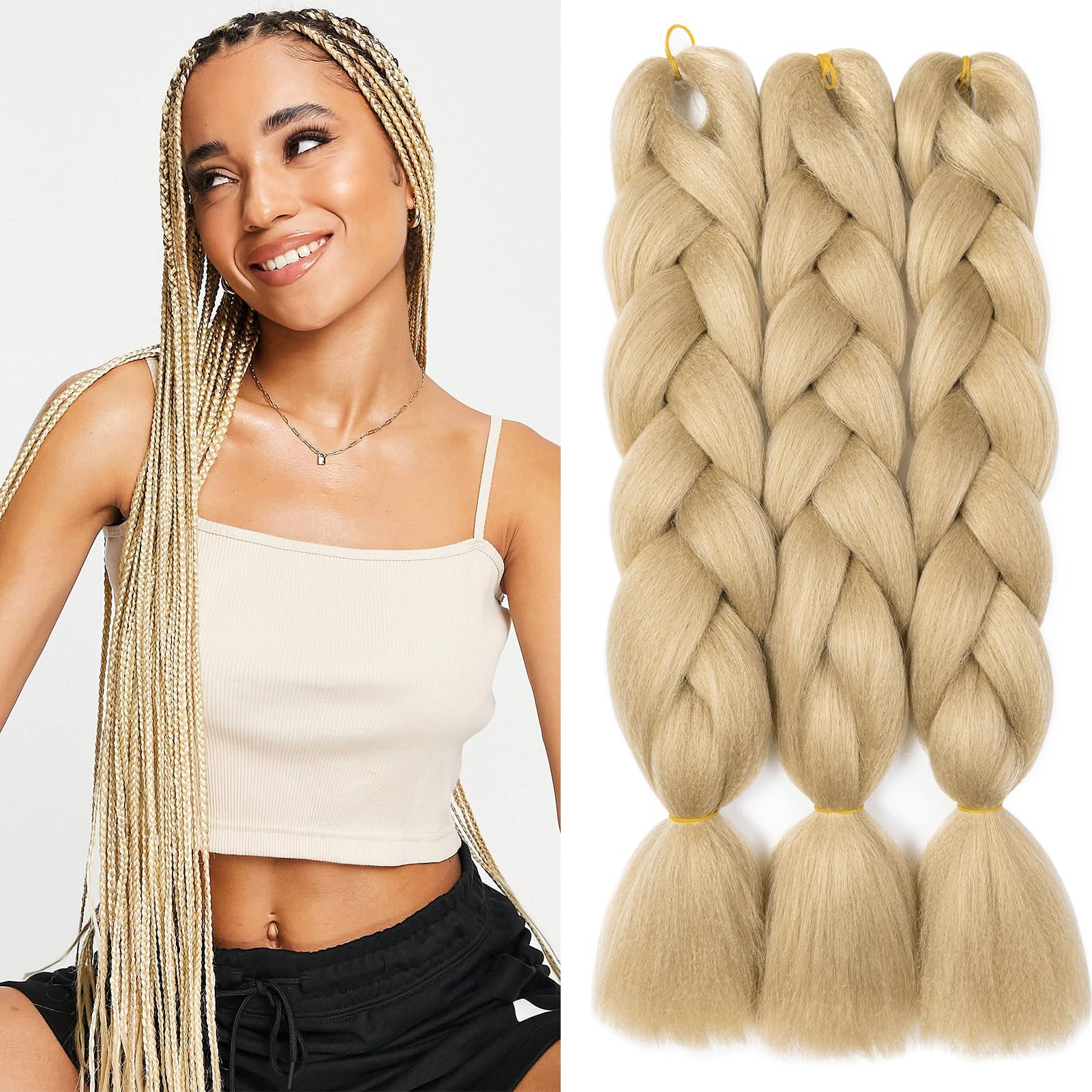 Dcbaboo Jumbo Braiding Hair Extensions 3 Packs 24 Inch Synthetic Kanekalon Ombre Afro Crochet Braids Twist 300g, Natural Blonde