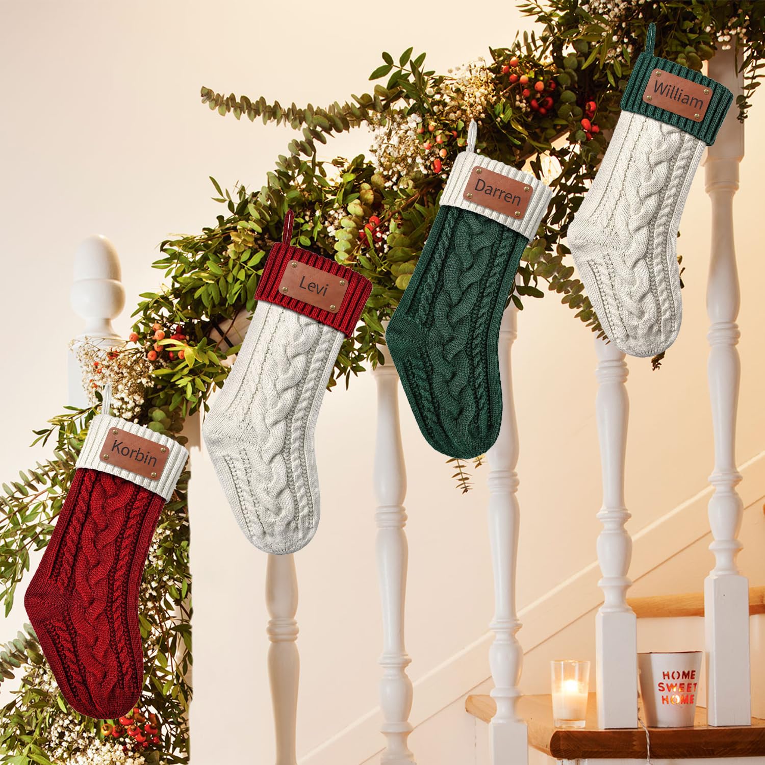 Chaussette de Noel Personnalisé avec Nom, Grandes Tricotés Chaussette de Noël Suspendre Cheminee Decorative Chaussette Noel Broderie Bas Personnalisable Cadeau Décorations Sapin de Noel