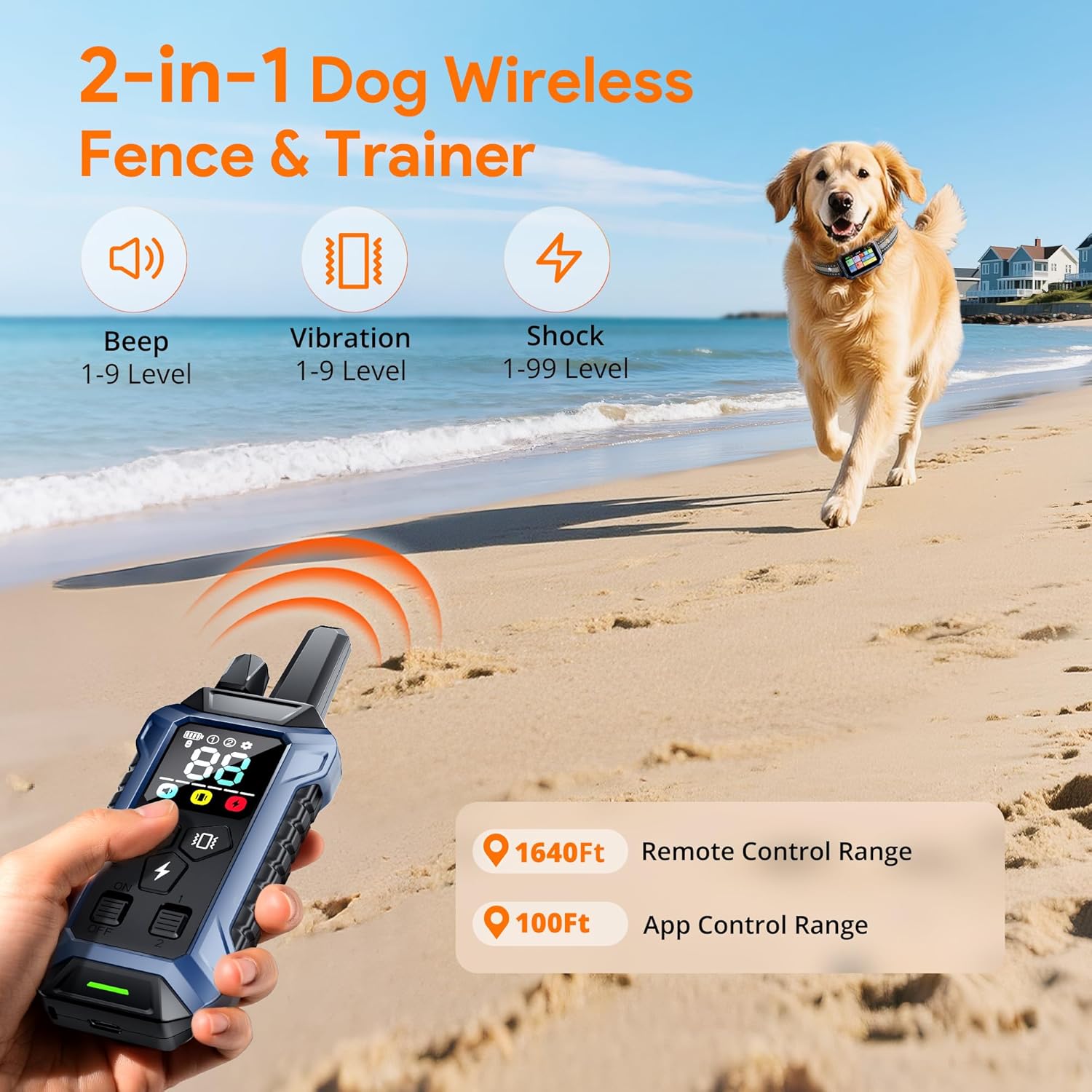 Meowant GPS Wireless Dog Fence & Dog Training Collar with Remote & Free APP, 82-7000ft Adjustable Range Electric Fence, 3 Training Modes, Waterproof LCD Collar for Dogs 10 Lbs+ Outdoor,Blue