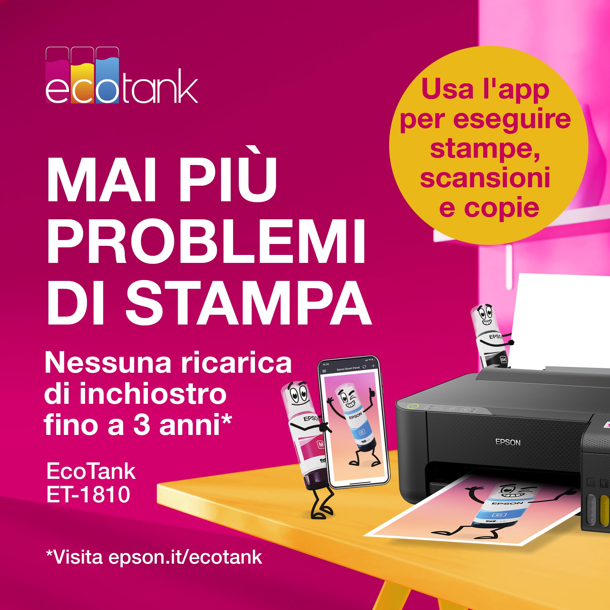 Epson EcoTank ET-1810 Stampante A4 con Serbatoi Ricaricabili Alta Capacità, 4 Flaconi Inclusi fino a 3600pag B/N 6500pag Colore, Wi-Fi, Wi-Fi Direct, ottieni 20€ di cashback