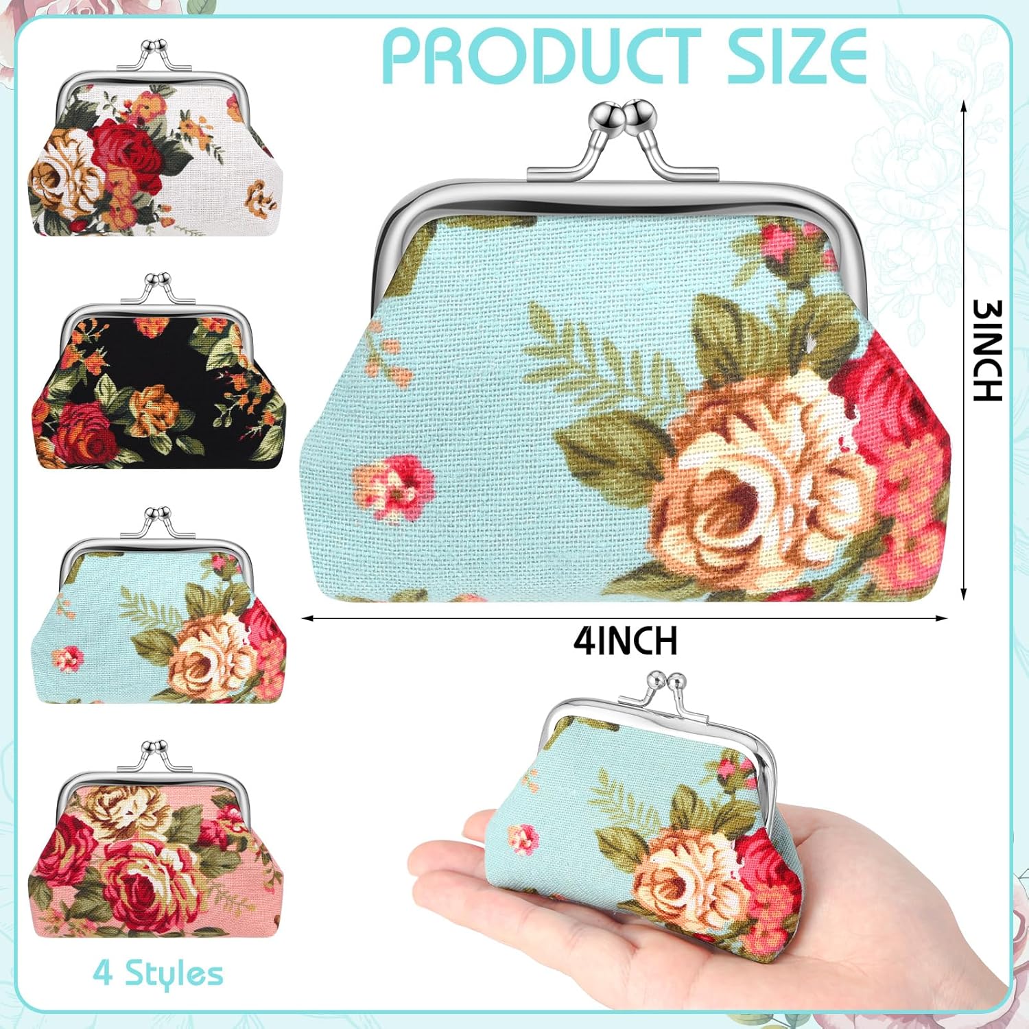 16 Pcs Vintage Canvas Floral Kiss Lock Coin Purses Bulk Rose Flower Change Wallets for Women (4 x 3 Inch) - Image 3