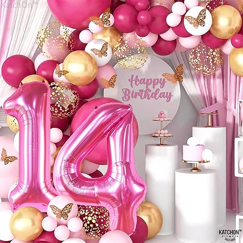 Miniatura 7 de KatchOn, Globos de color rosa intenso del número 14, gigantes, 40 pulgadas, globos de cumpleaños rosa intenso para decoraciones de cumpleaños de 14