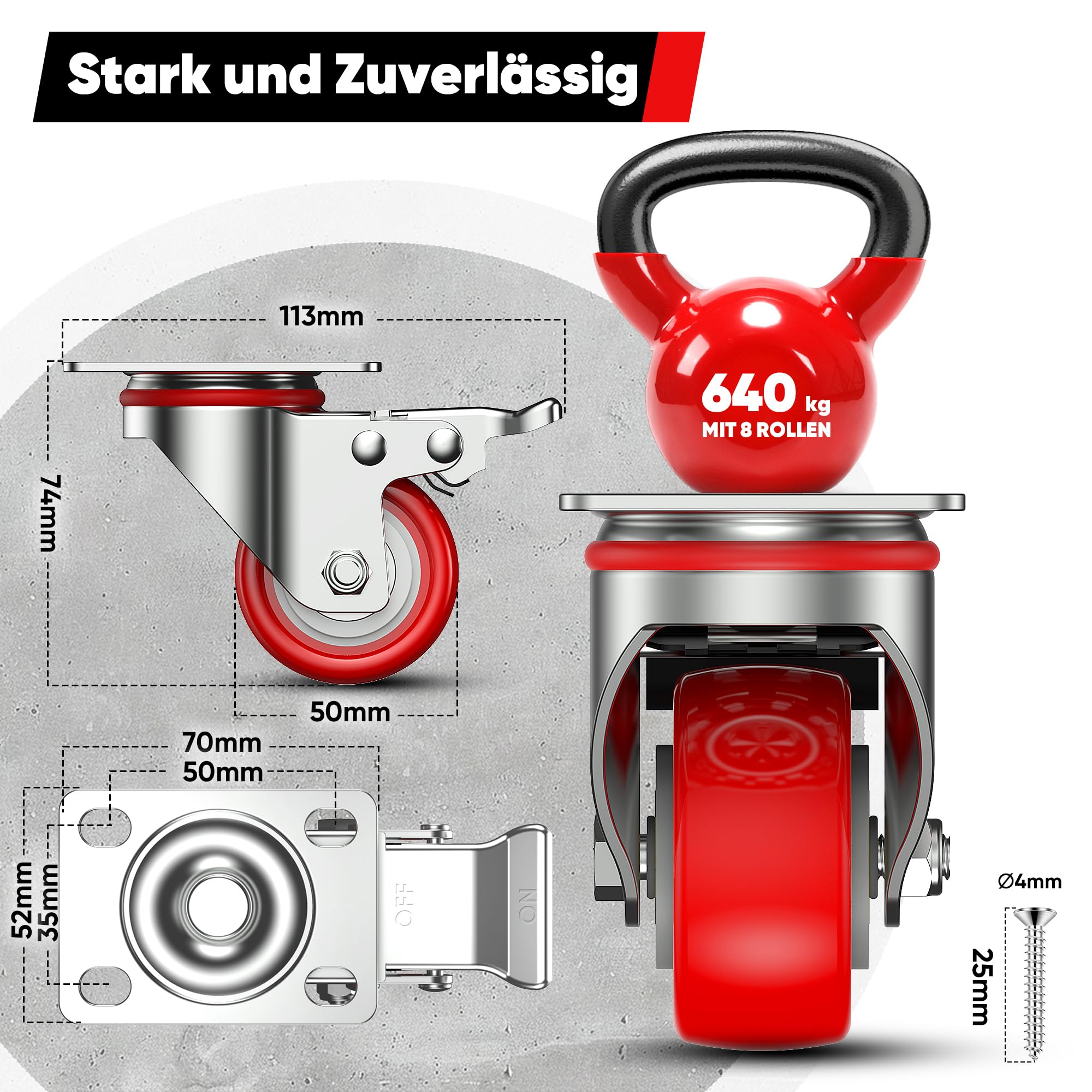 Deutnart Rotelle per mobili con freni da 50 mm, ruote girevoli silenziose, in poliuretano, senza tracce con portata di 600 kg