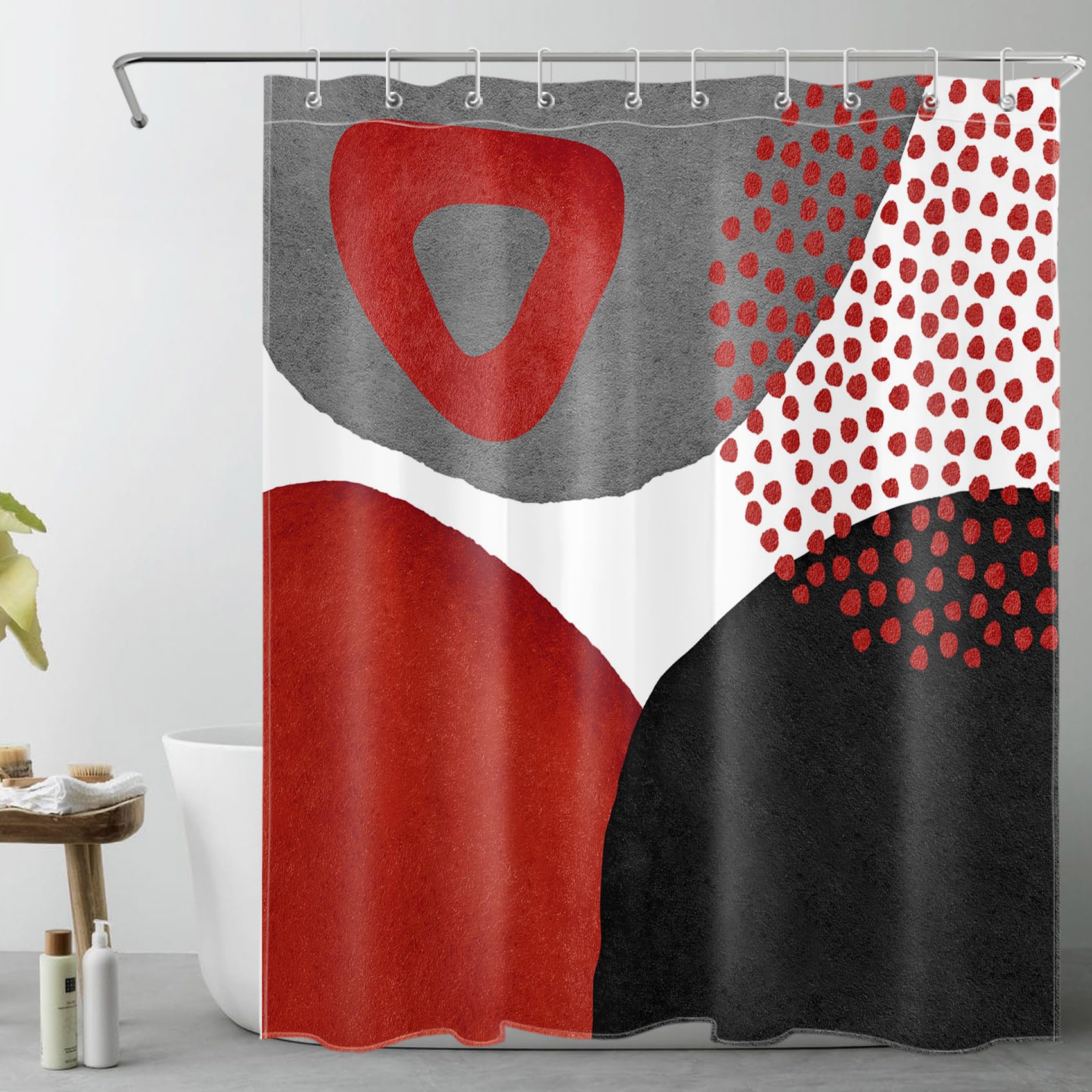 LB Abstract Mid Century Boho Shower Curtain for Bathroom Red and Black Geometric Fabric Shower Curtain Modern Neutral Minimalist White Bathroom Shower