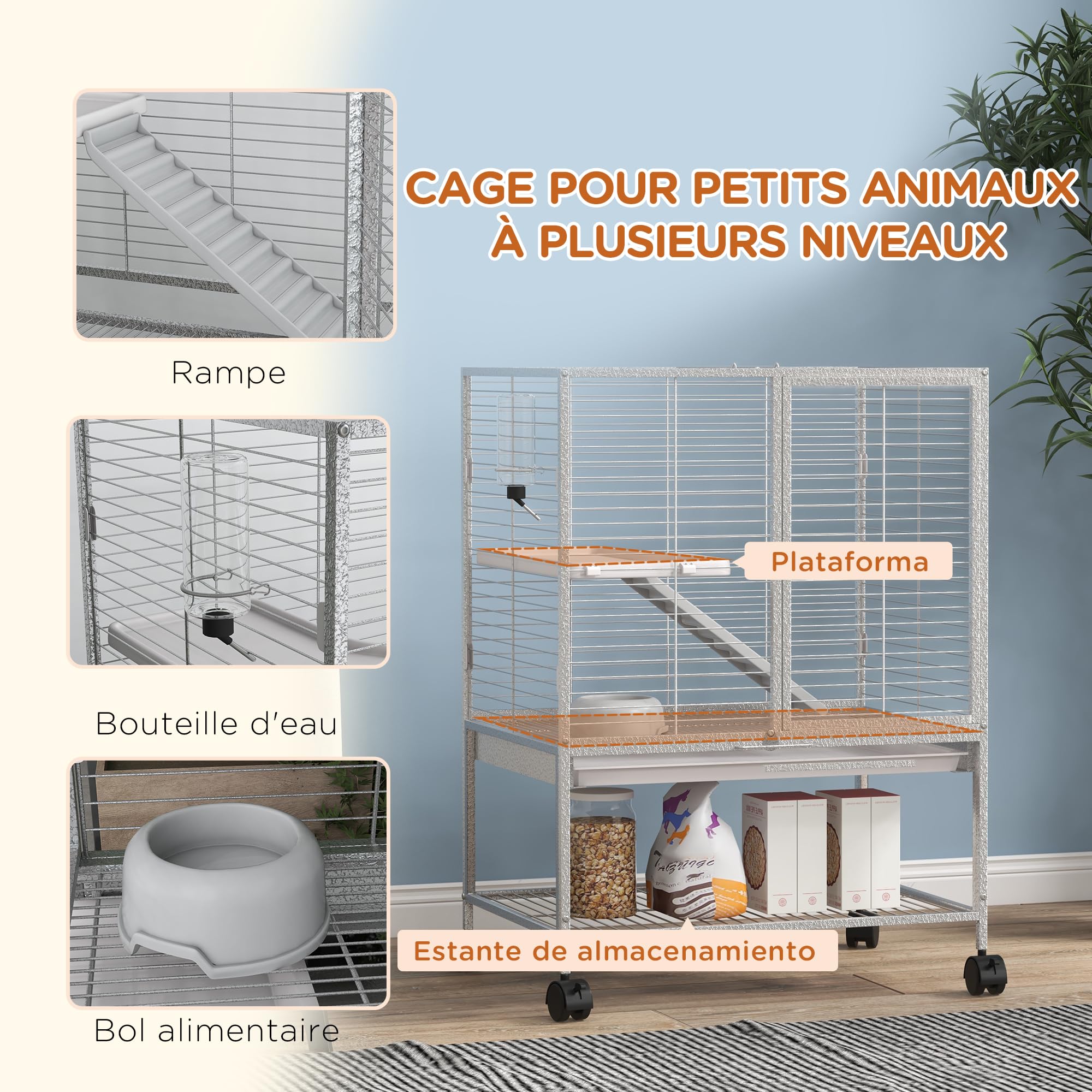 PawHut - Jaula para animales pequeños, Jaulas para hurones, con ruedas de 2 niveles con 2 puertas, 1 rampa y 1 estante de almacenamiento, cuenco, botella, 61,5 x 44,5 x 86 cm, color gris