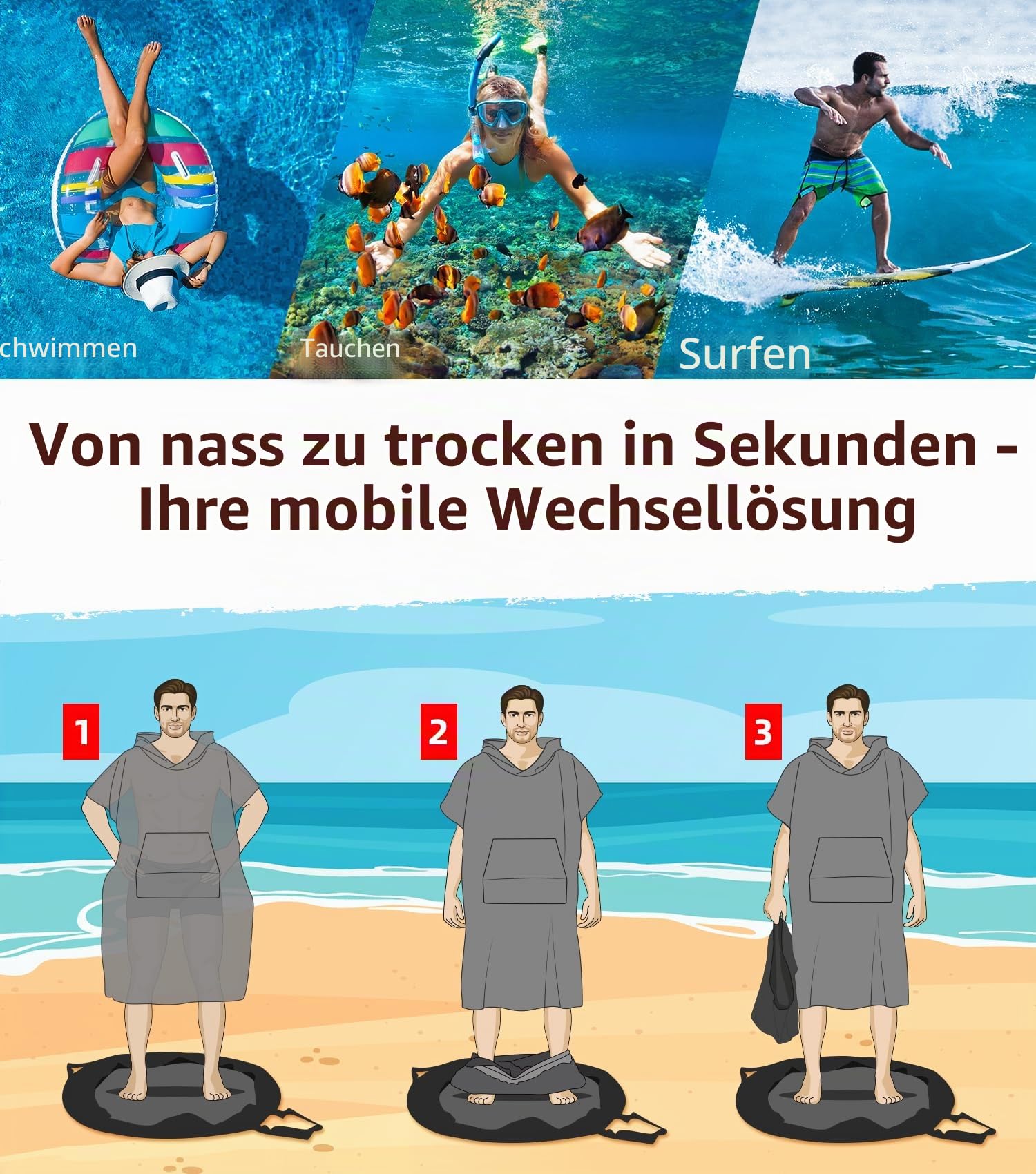 Abahub Surf Poncho Herren Damen Badeponcho Handtuch Poncho für Erwachsene mit Kapuze schnell trocknender Umkleide-Bademantel Mikrofaser zum Surfen, Strand, Schwimmen M/L