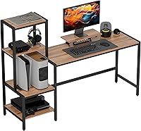 HOMCOM 67" Gaming Desk with Reversible 4-Tier Shelves & Ergonomic Monitor Stand - Home Office Computer Table, Brown