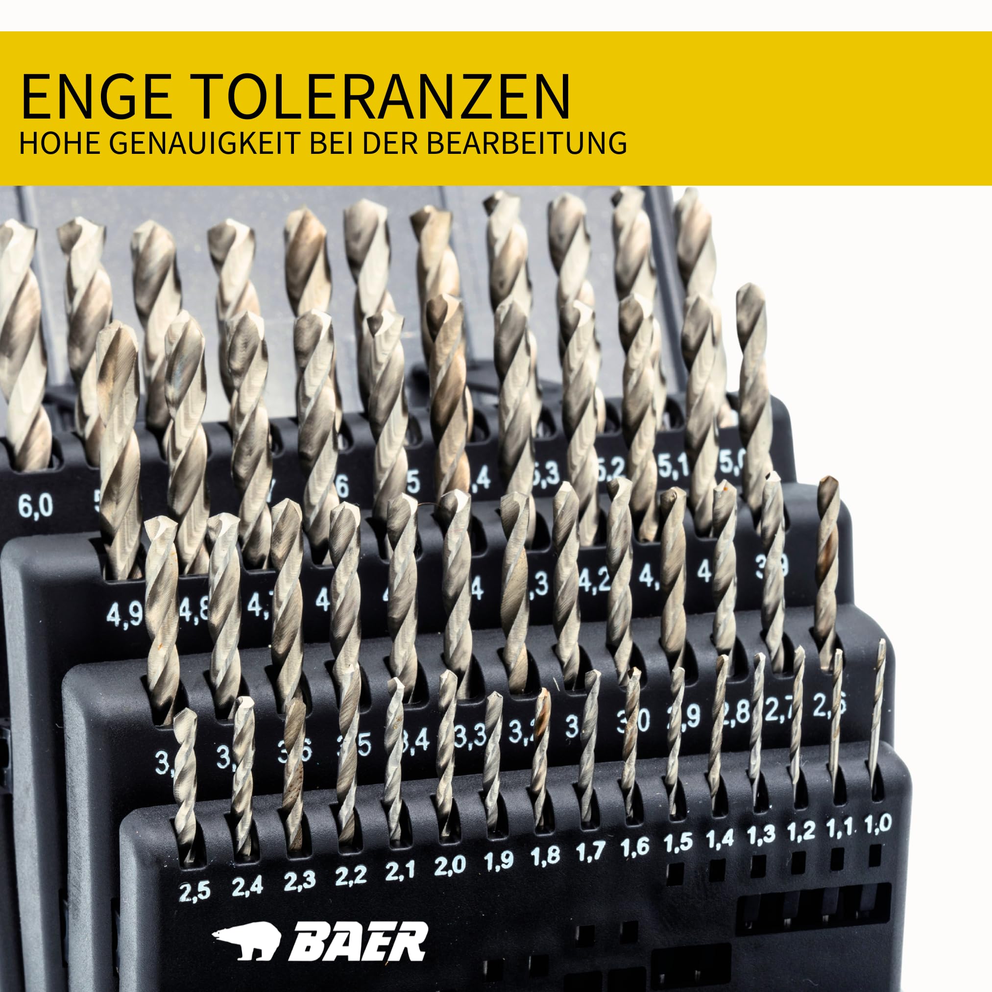BAER Spiralbohrer Set 51-tlg. │ Ø 1–6 mm (je 0,1 mm) │ HSS-G geschliffen │ DIN 338 Typ N │ Metallbohrer für Stahl, Stahlguss, Grauguss, Gusseisen │ Spiralbohrersatz BaerCoil