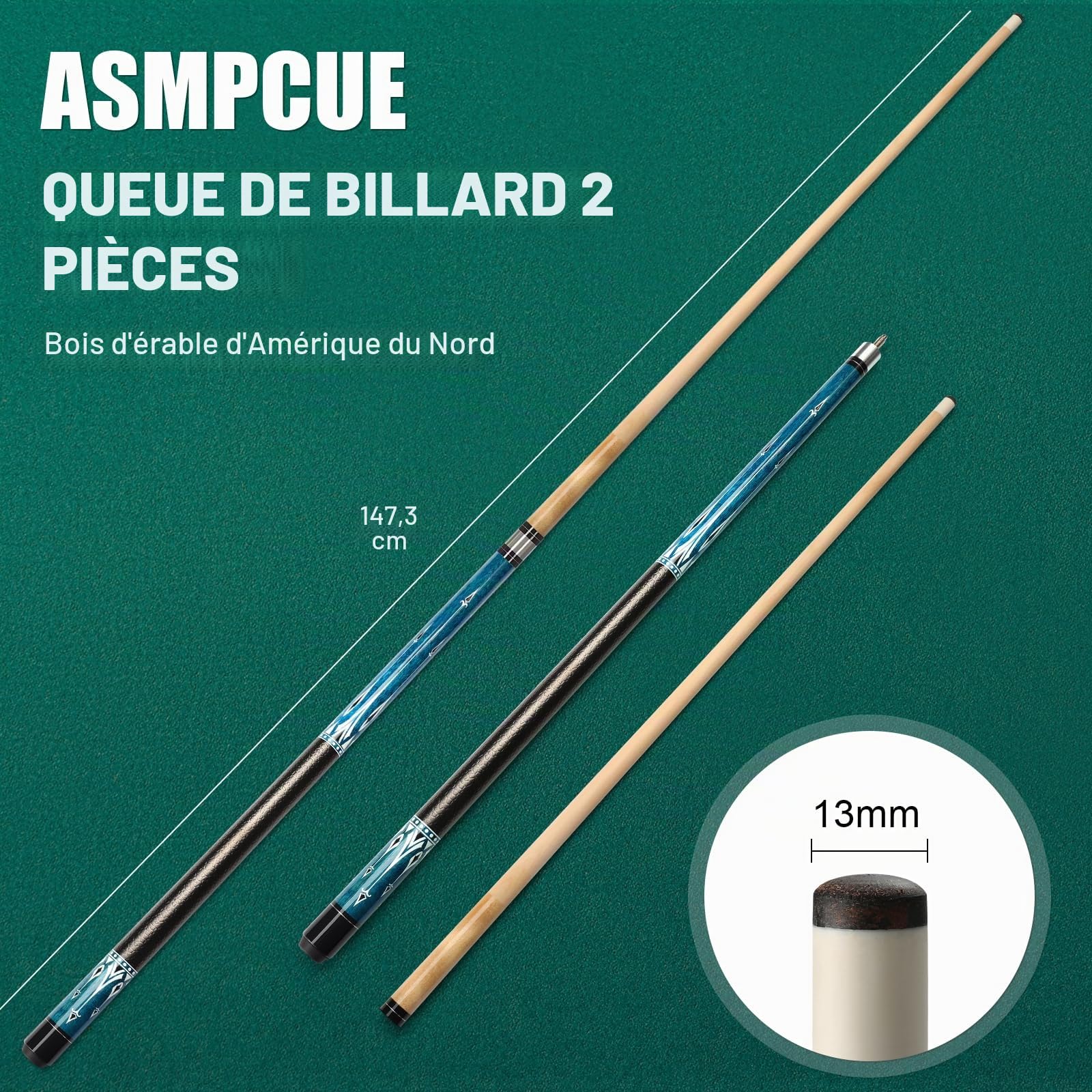 Queue de Billard, 58 Pouces 19 Oz Pool Cue Stick Bâtons de Billard en Bois Dur de Pointes de 13 mm pour Joueur Professionnel de Billard