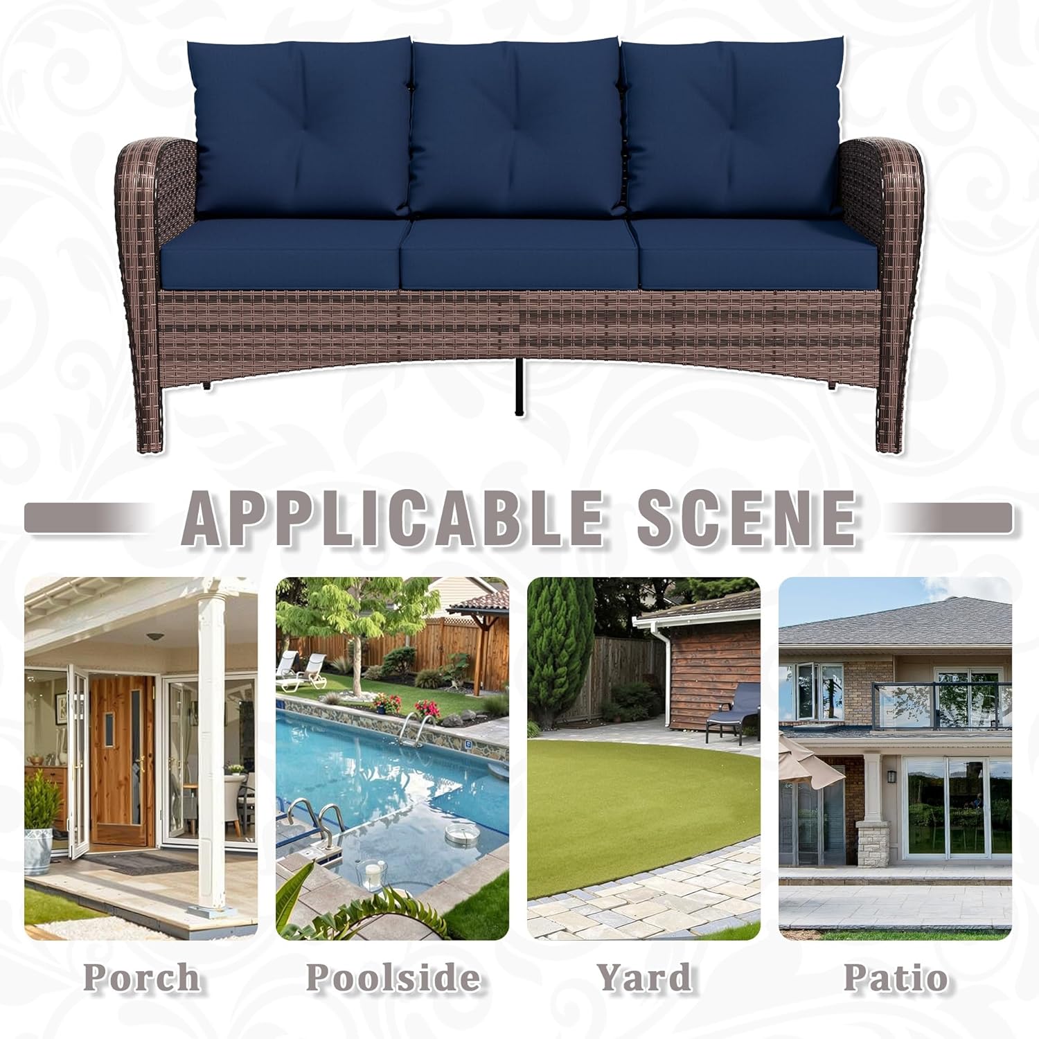 Patio 3-Seater Sofa, PE Wicker Outdoor Lounge with Thick Removable Cushions, Rust-Proof Steel Frame, 900LBS Capacity, Blue