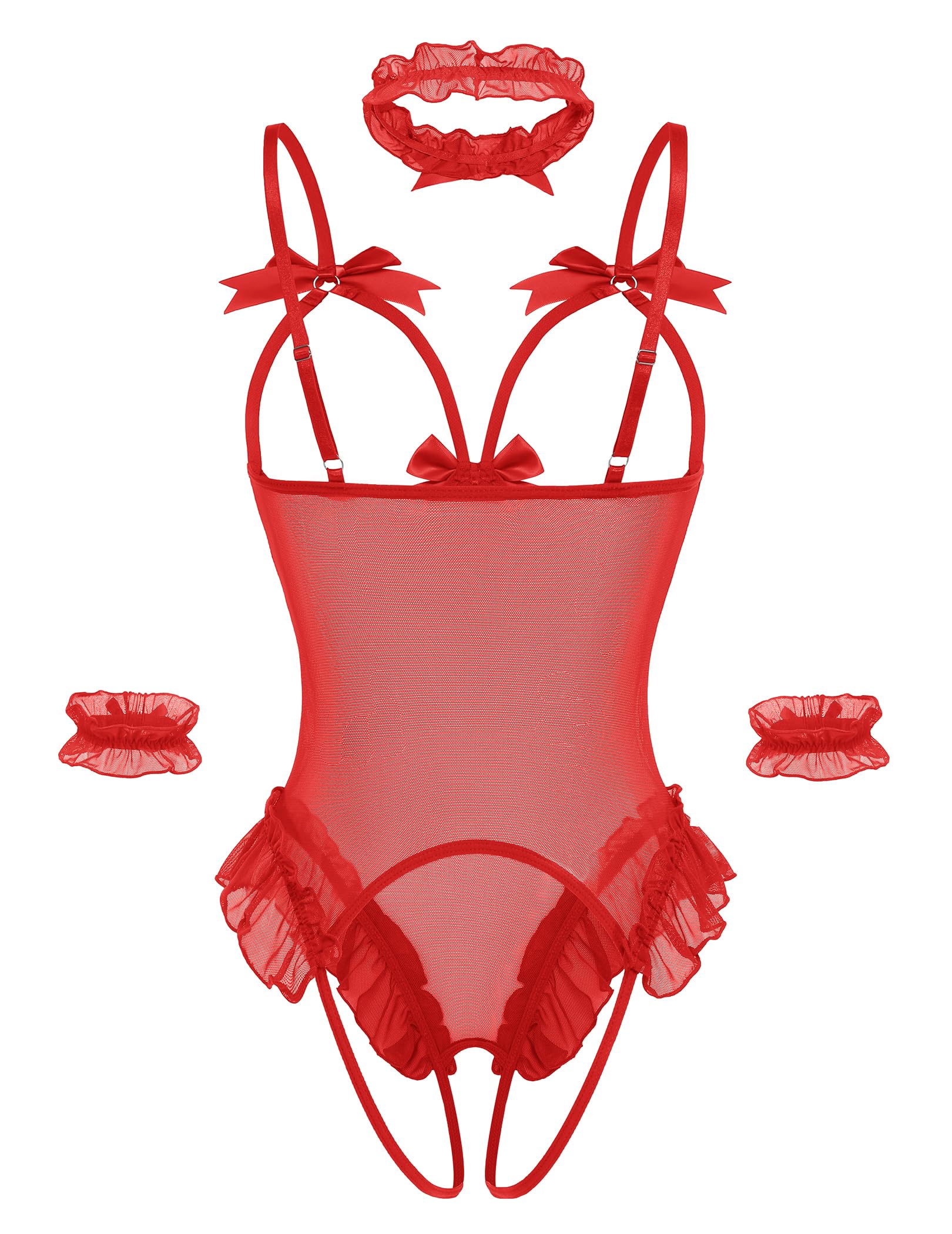 Avidlove Womens Lingerie Bodysuit 4 Piece Set Sheer Mesh Teddy Babydoll with Detachable Collar and Wrist Cuffs: Small Red