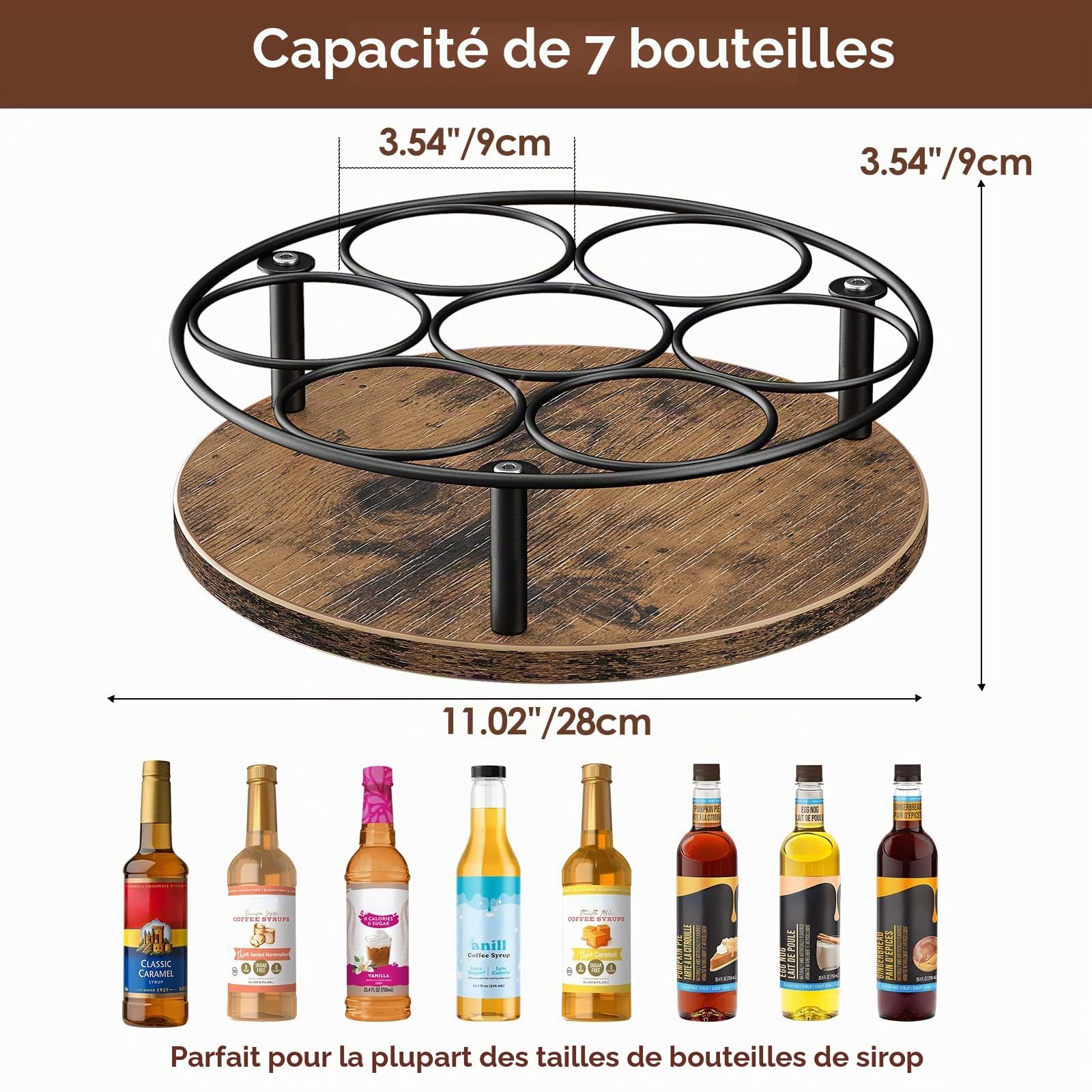 Nuovoware Support Rotatif 7 Bouteilles Sirop Café, Support en Acier au Carbone avec Base en Bois Support pour Bouteilles de Sirop de Café pour Sirops Aromatisés Thermos Liquor de Table, Noir+Marron