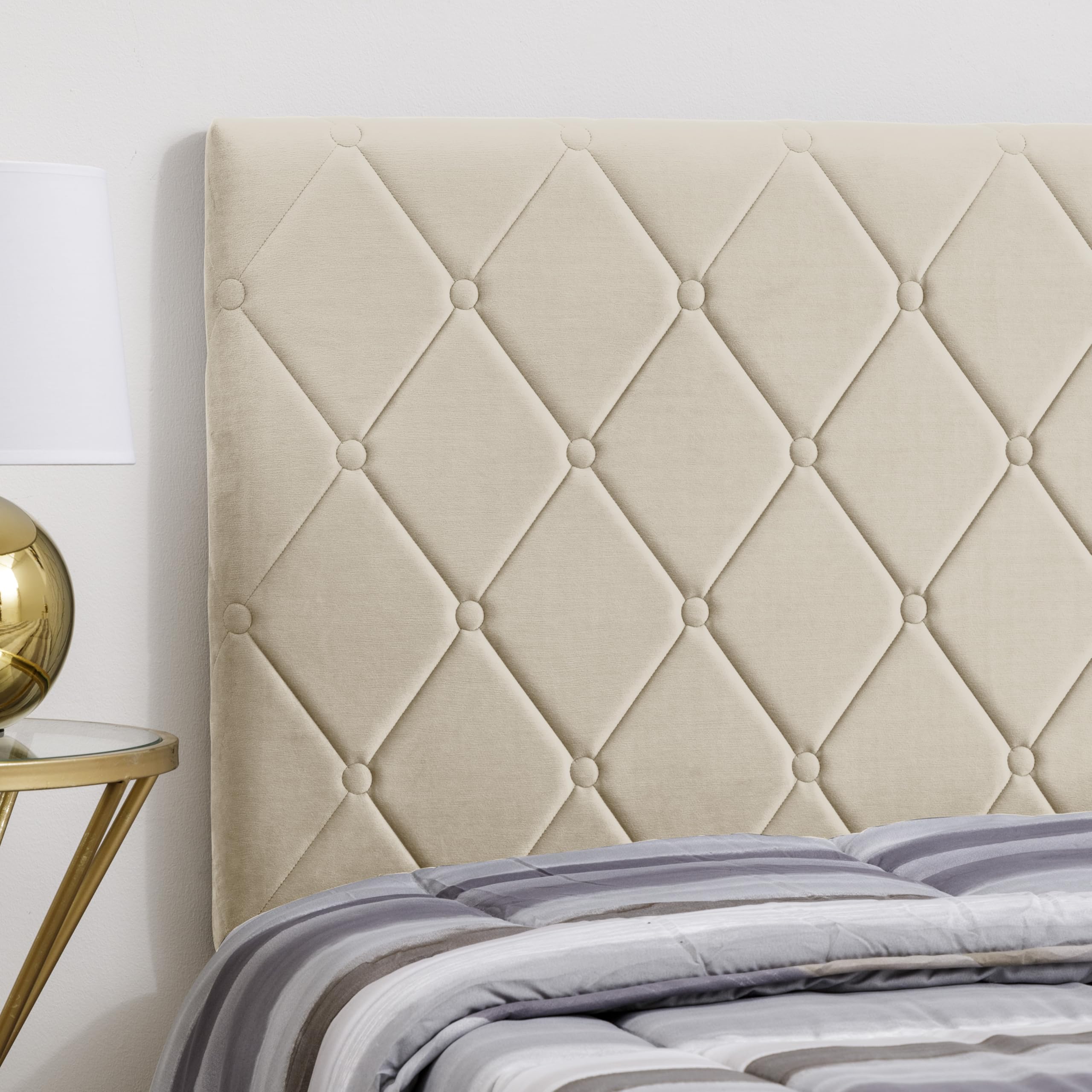 Baroni Home Tête de lit rembourrée en velours beige, structure MDF, double crochet acier, hauteur réglable, montage mural facile, design élégant et confortable, 142 x 55 cm