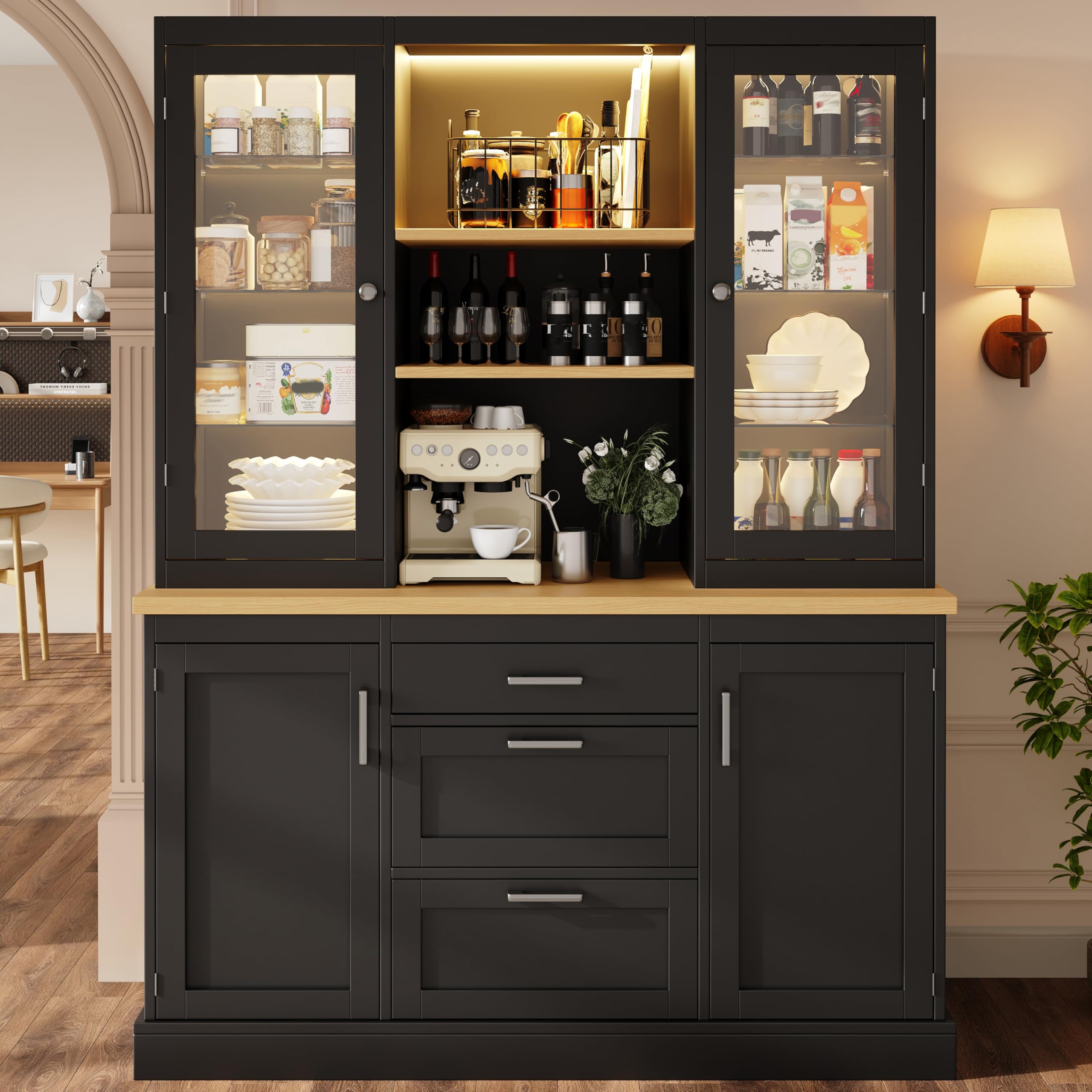 Armoire de cuisine avec plan de travail - Armoire de buffet avec étagères réglables - Éclairage LED contrôlé par application - Armoire haute polyvalente pour cuisine et salon - 140 × 40 × 185 cm (noir