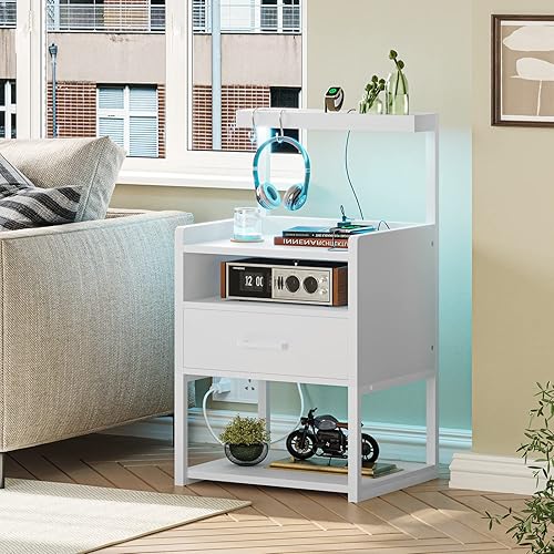 Miniatura 7 de AOGLLATI Juego de 2 mesitas de noche con estación de carga, juego de 2 mesitas de noche blancas para dormitorio, mesita de noche con cajón de