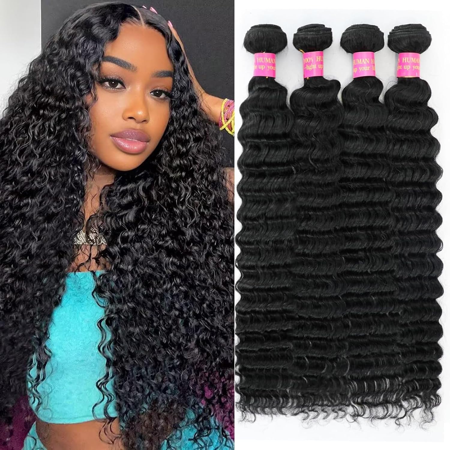 1 Bundle Human Hair 12A Deep Wave Bundles Human Hair 22 Inch 100% Unprocessed Brazilian Virgin Hair Quick Weave Bundles Real Human Hair Extensions Natural Black