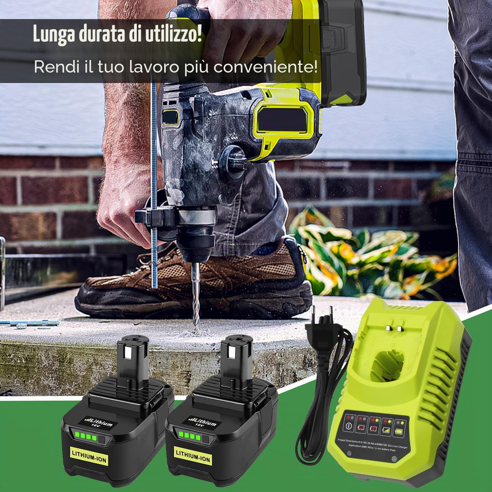 Ricambio Batteria per Ryobi 18V 5.5Ah e BCL14181H 9.6V-18V Caricatore RB18L50 RB18L40 RB18L30 RB18L25 RB18L20 RB18L15 P108 P18900 P1900 P191 P192 ecc