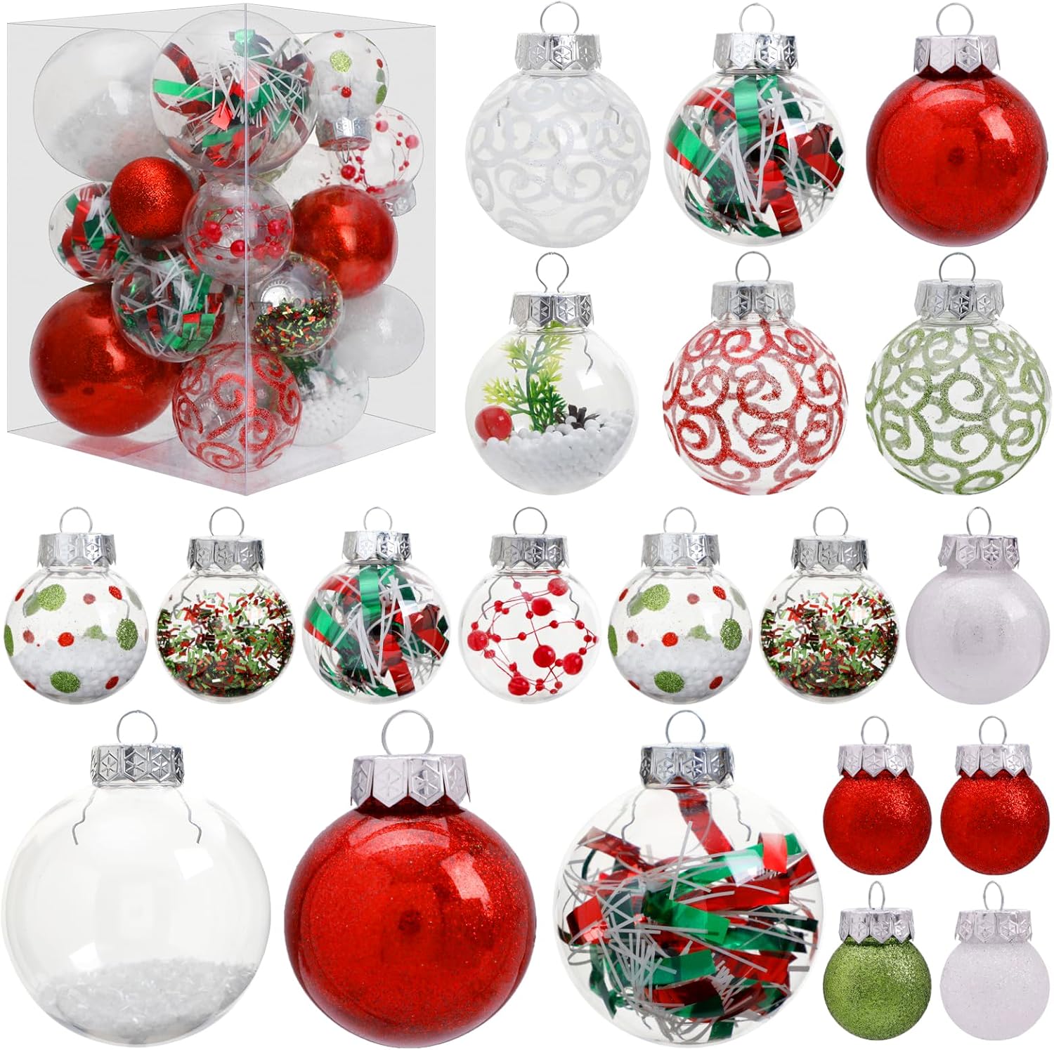 Clear Christmas Tree Ornaments Set, 30ct Multi-Size Plastic Xmas Balls – Red, Green, White – Shatterproof Decorative Hanging Ornaments for Christmas Decorations, Home Decor, Wedding Party Clear Christmas Tree Ornaments Set, 30ct Multi-Size Plastic Xmas Balls – Red, Green, White – Shatterproof Decorative Hanging Ornaments for Christmas Decorations, Home Decor, Wedding Party