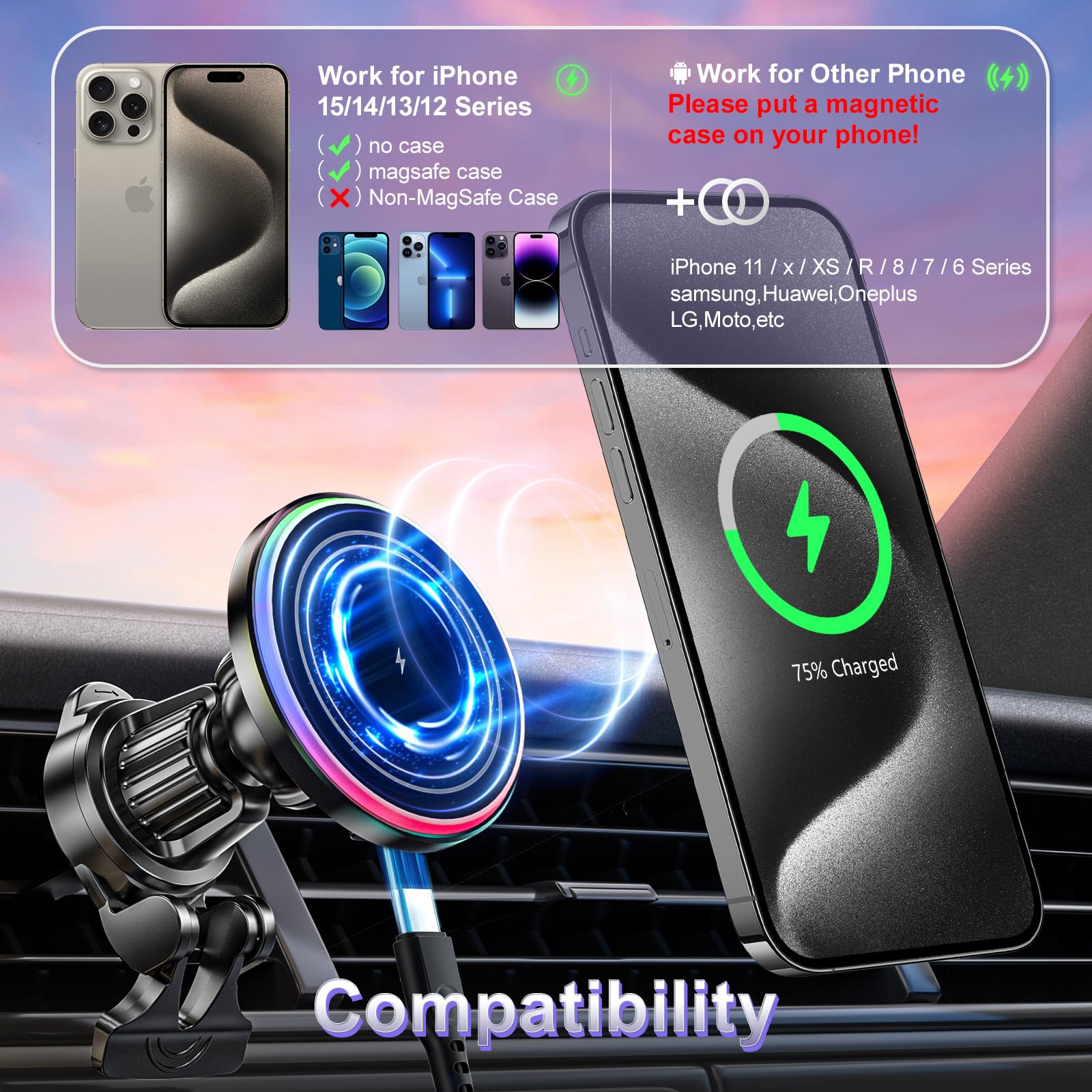 MANKIW for Magsafe Car Mount Charger,15W Wireless Magnetic Car Mount Charger for iPhone 15 ProMax Plus 14 13 12?Fast Charging Carmount Magnet Car Phones Holders Fits for Magsafe Charger Case