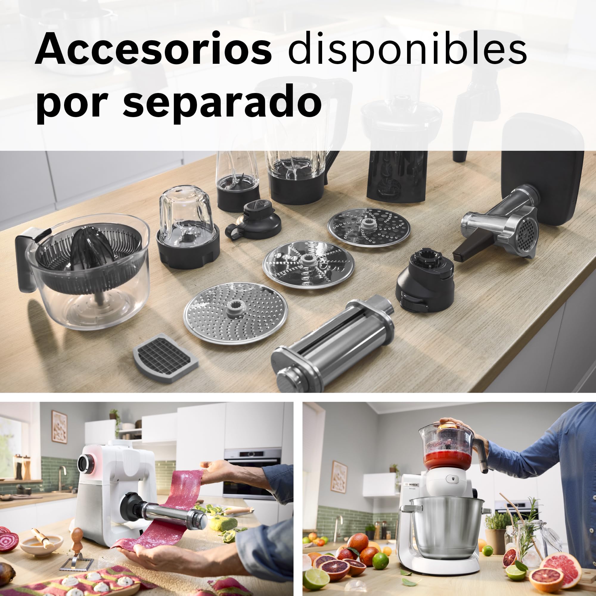 Bosch - Robot de Cocina, Serie 6, 1600W, Amasado Planetario 3D, Set de Pastelería, Triturador, Batidora de vaso ThermoSafe, Blanco, MUMS6EW22