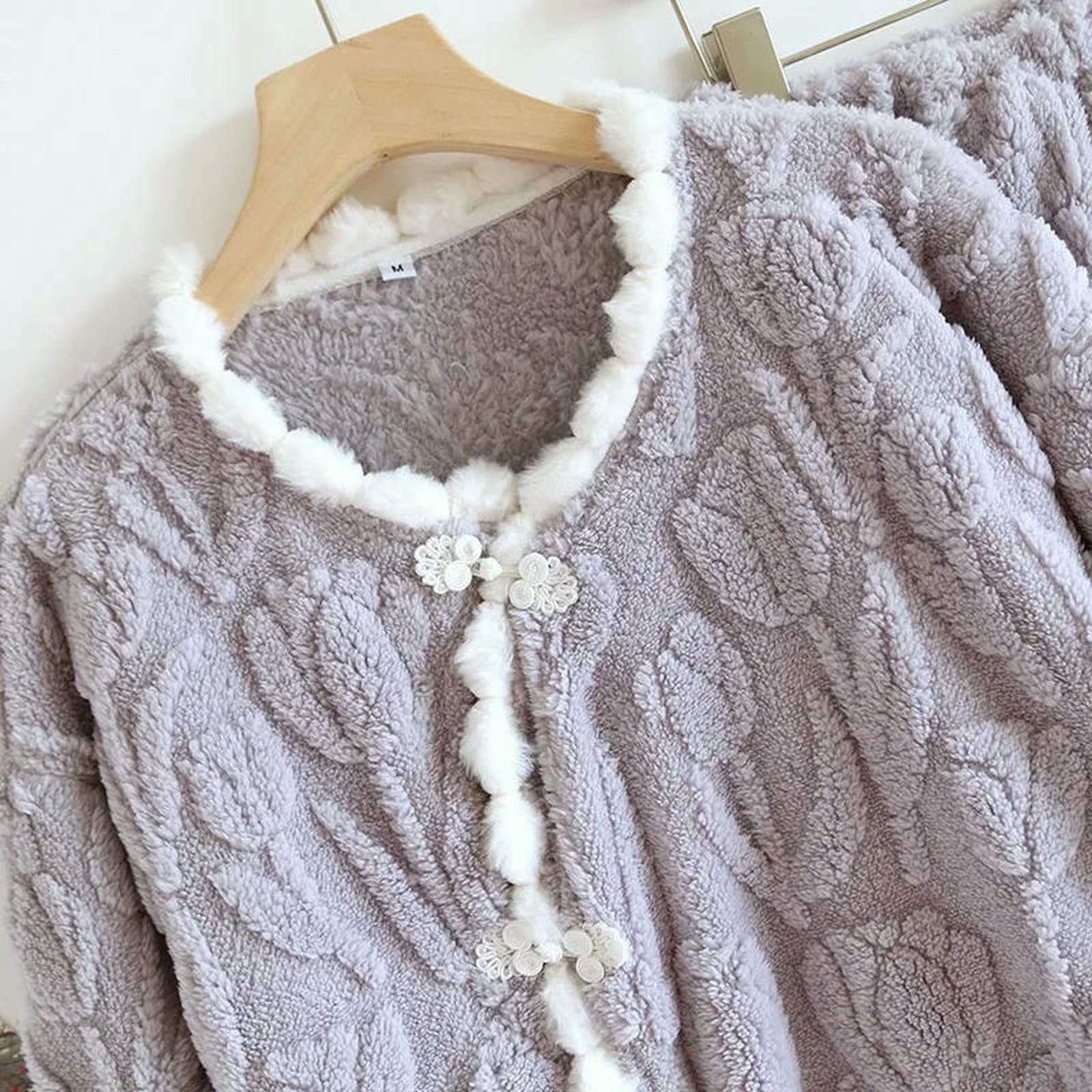 Pigiama in Stile Cinese Autumn Inverno Femminile Pantaloni A Maniche Lunghe Flanna Flanella Rotonda Addensata Cardigan Calda Homewear 2 Pezzi Pezzi-2-xl