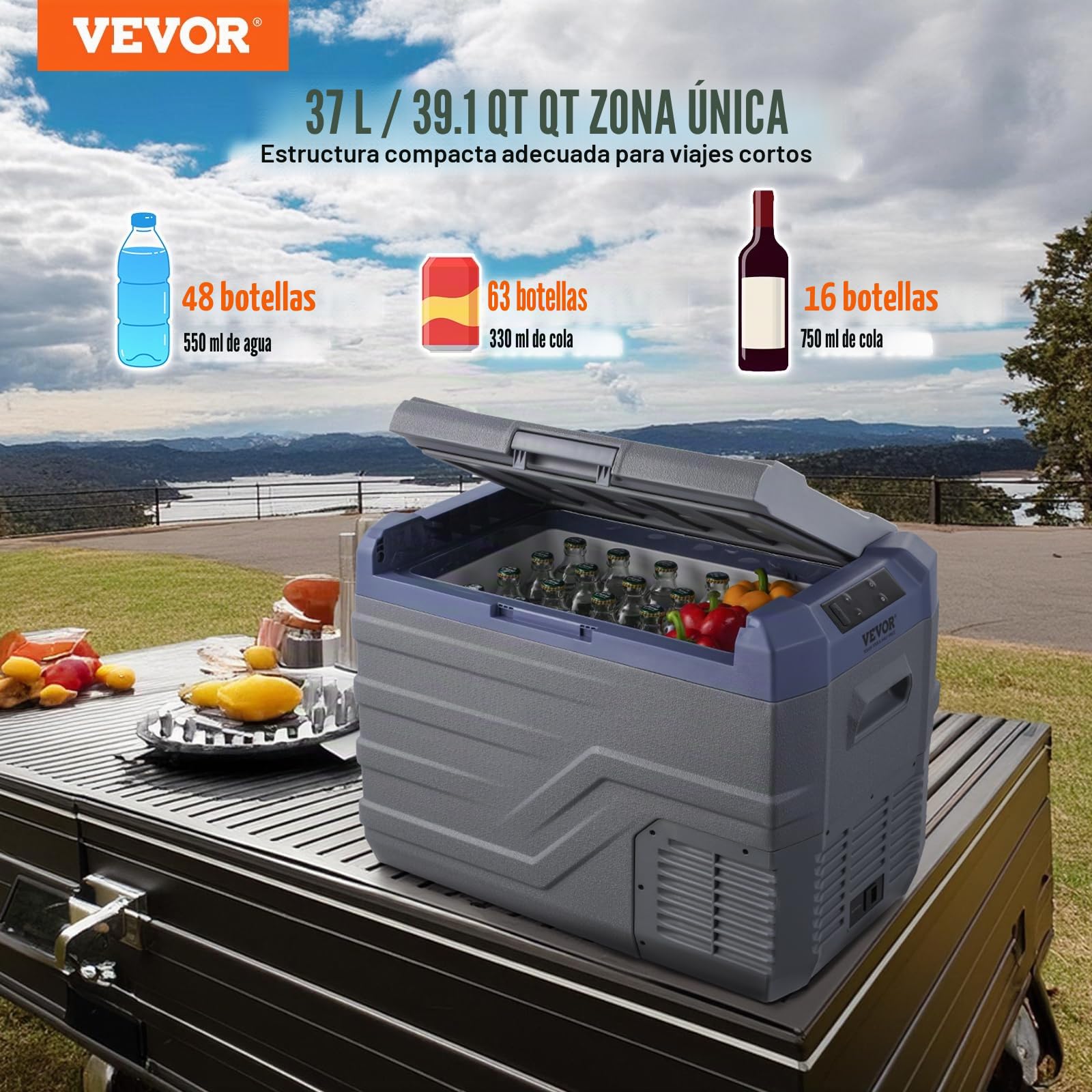 VEVOR Nevera de Compresión Portátil 37 L Mini Nevera para Coche 12/24V CC y 100-240V CA Caja Enfriadora de Zona Única Temperatura Ajustable de -20°C a 20°C para Camión Barco Casa 618 x 376 x 442 mm